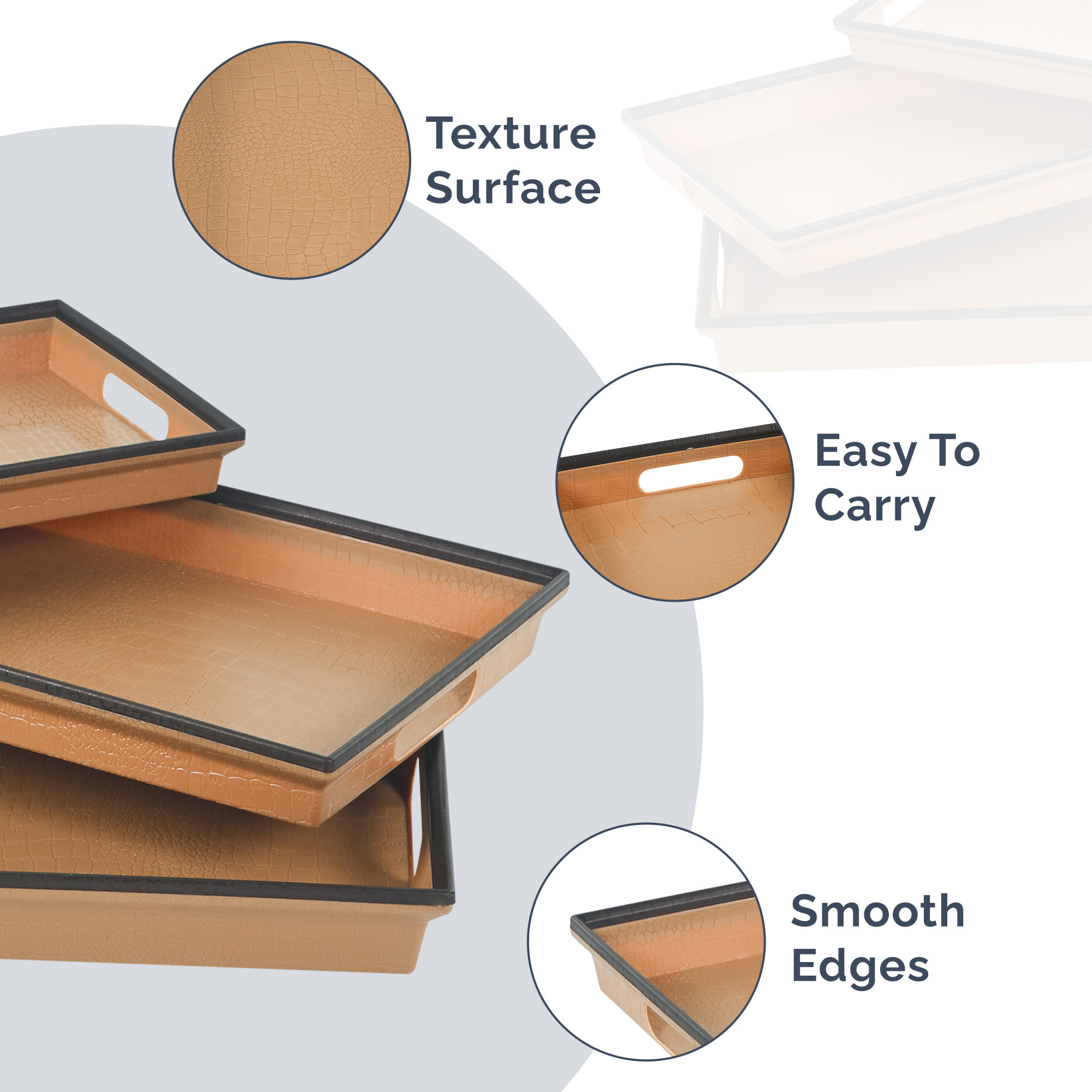 Kuber Industries Set of 3 Plastic Modern Style Serving Trays  Multipurpose Durable Platter Use Home  Kitchen  Ideal for Serve Tea Snacks Dry fruits  Sweets  Large Medium And Small  Brown  Black