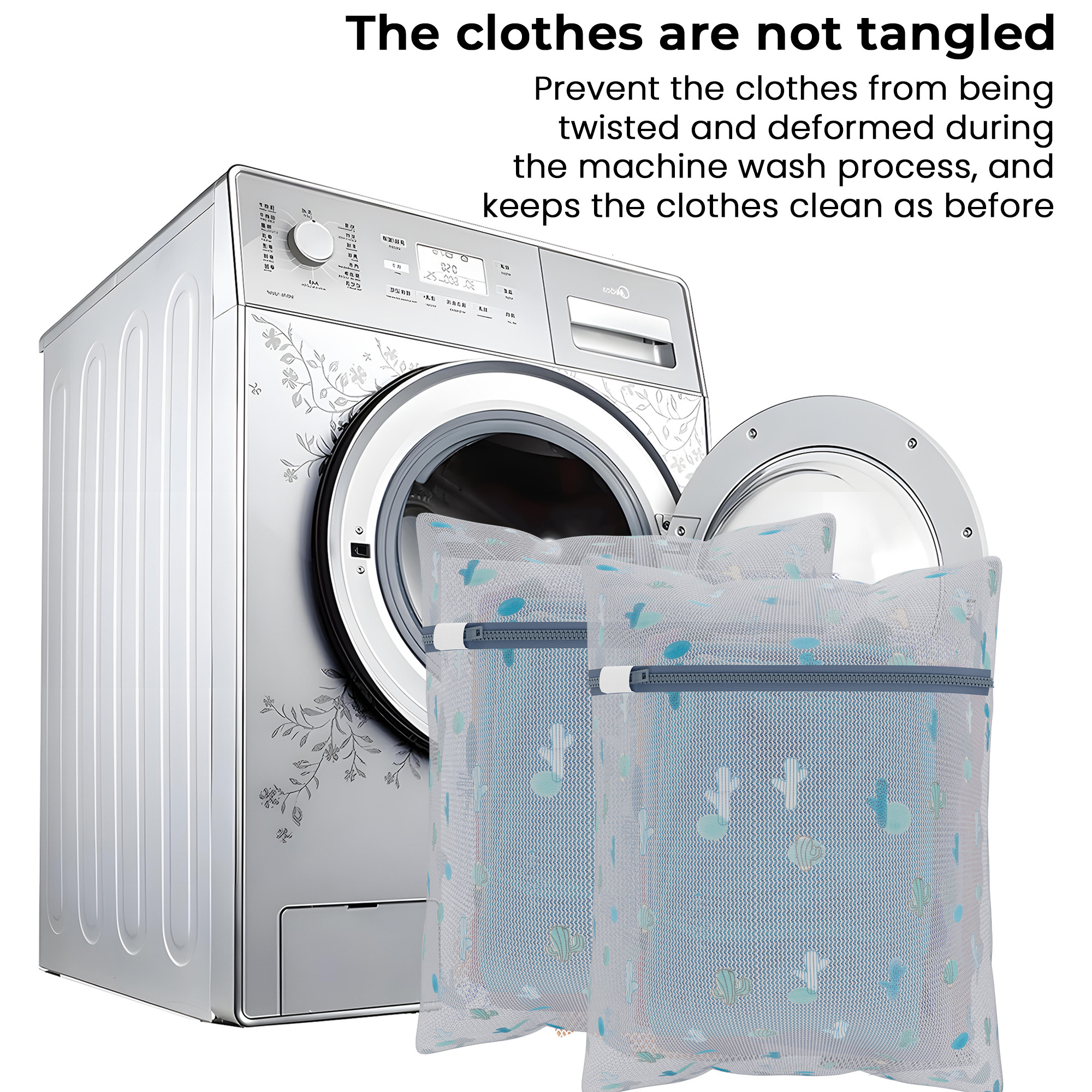 Kuber Industries Set of 3 Polyester Mesh Laundry Bag with Zip  Reusable Washing Bags for Washing Machine  Ideal for Lingerie Delicate Fabrics  Shoes Protection  YZ-8-1  Cactus Print - White