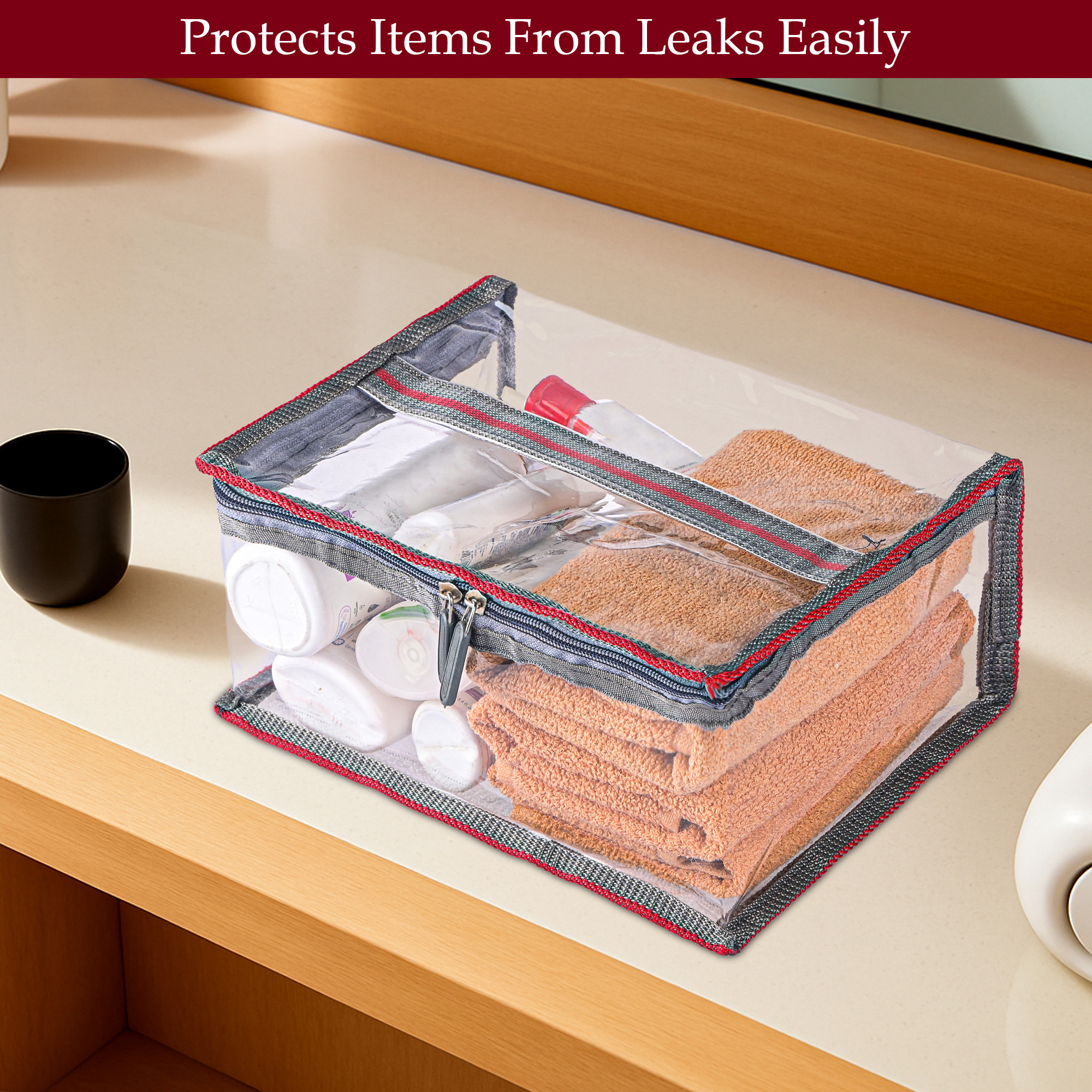 Kuber Industries Set Of 3 PVC Waterproof Transparent Toiletry Kit Organizer  Multipurpose Cosmetic  Makeup Kit - Ideal for Bathroom and Daily Use  Matty Border - Grey