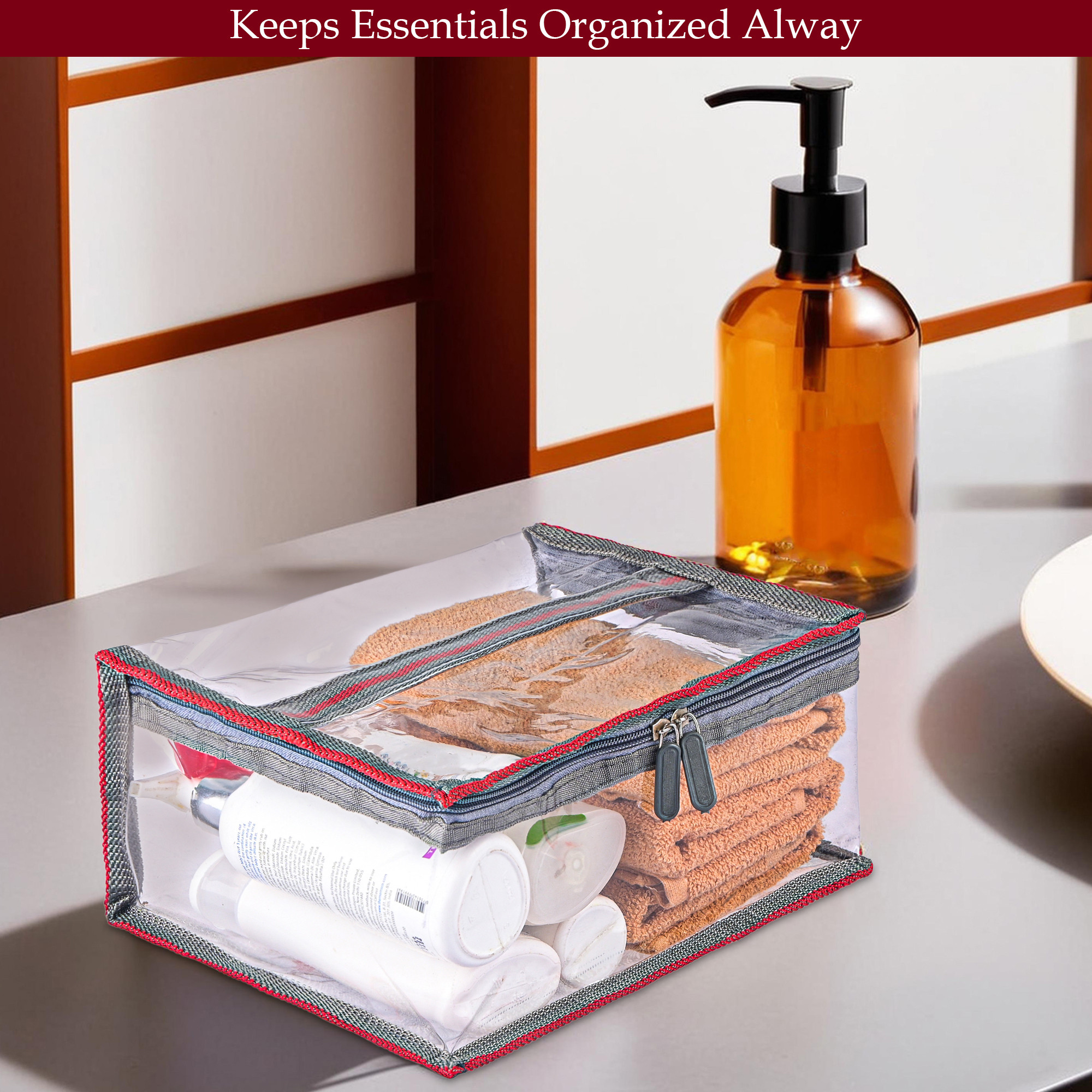 Kuber Industries Set Of 3 PVC Waterproof Transparent Toiletry Kit Organizer  Multipurpose Cosmetic  Makeup Kit - Ideal for Bathroom and Daily Use  Matty Border - Grey