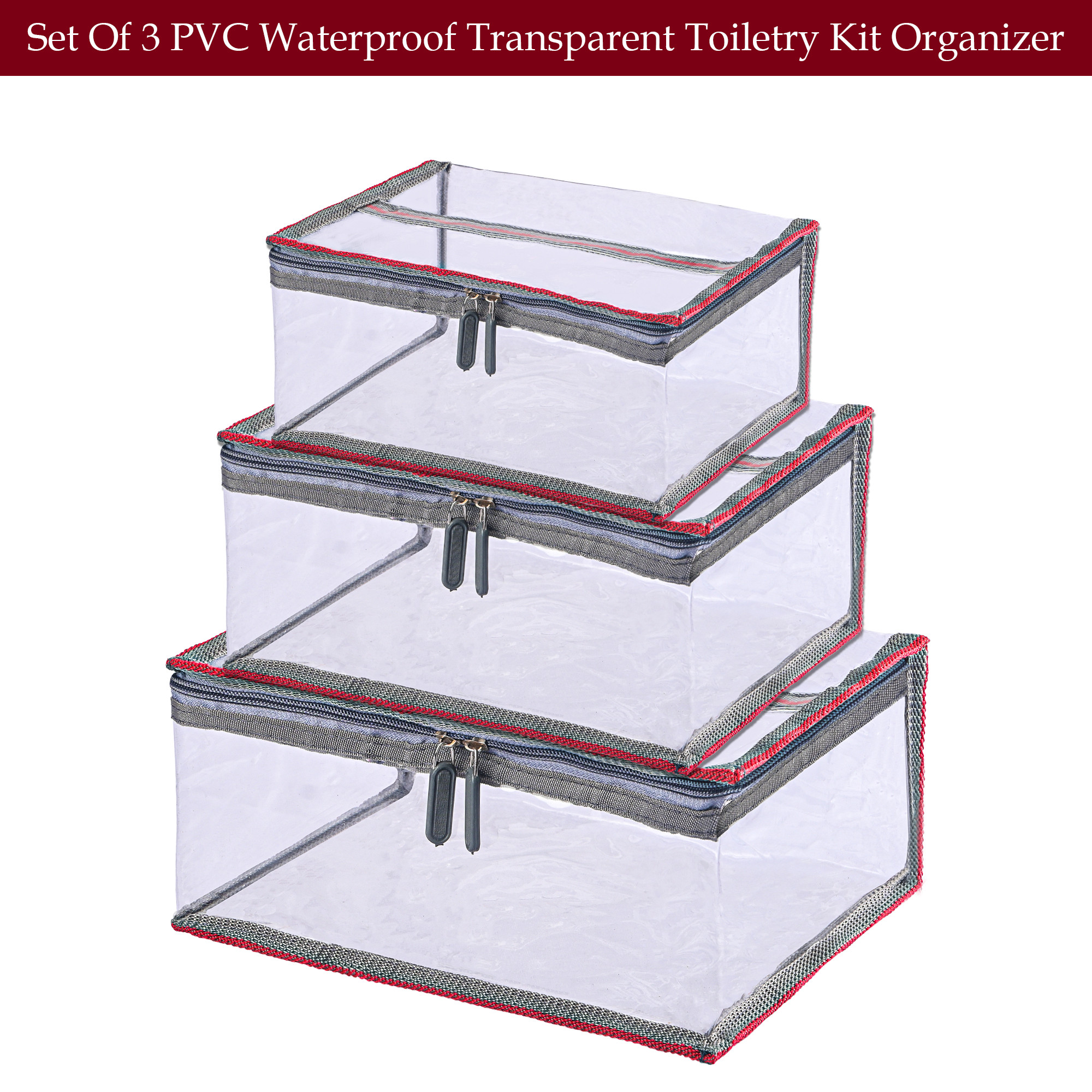 Kuber Industries Set Of 3 PVC Waterproof Transparent Toiletry Kit Organizer  Multipurpose Cosmetic  Makeup Kit - Ideal for Bathroom and Daily Use  Matty Border - Grey