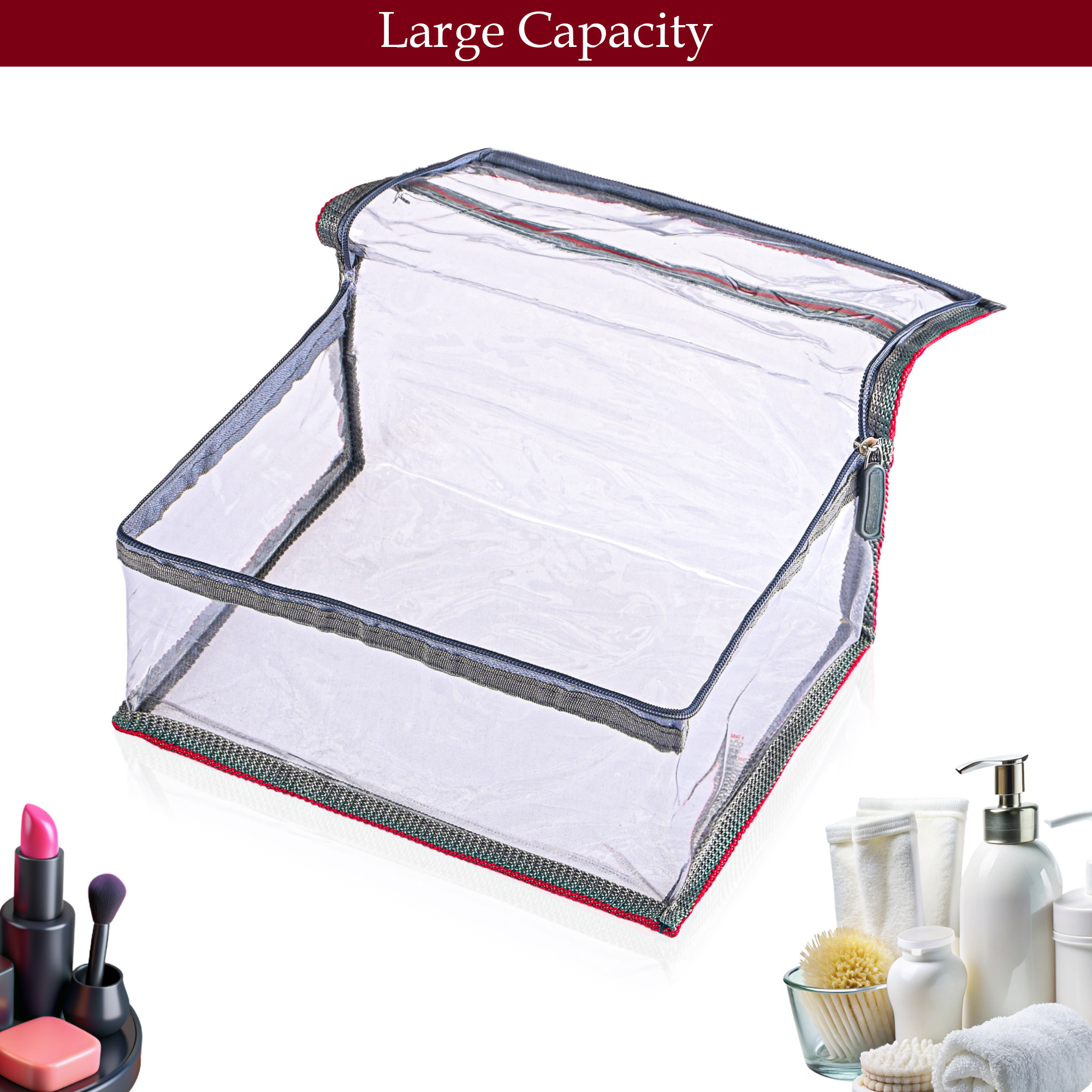 Kuber Industries Set Of 3 PVC Waterproof Transparent Toiletry Kit Organizer  Multipurpose Cosmetic  Makeup Kit - Ideal for Bathroom and Daily Use  Matty Border - Grey