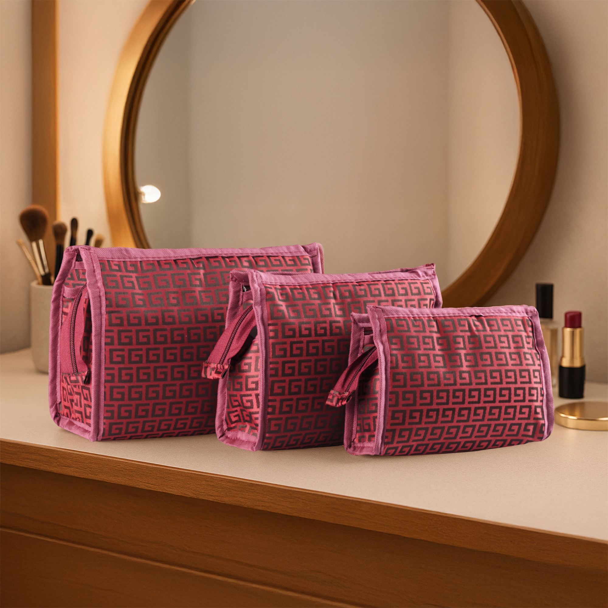 Kuber Industries Set of 3 Rexine Makeup Kit with Sturdy Handle  Toiletry Kit  Easy To Carry Travel Toiletry Bag for Men and Women  Self Print - Maroon