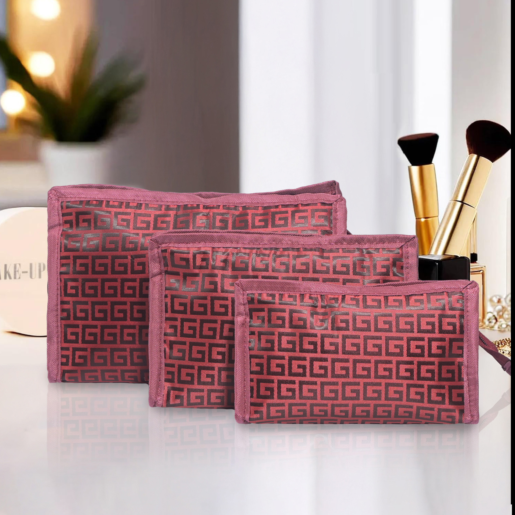 Kuber Industries Set of 3 Rexine Makeup Kit with Sturdy Handle  Toiletry Kit  Easy To Carry Travel Toiletry Bag for Men and Women  Self Print - Maroon