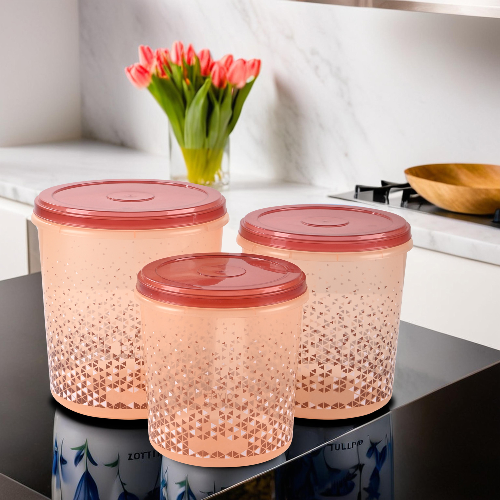 Kuber Industries Set of 3 Stackable Air Tight 57  10 Ltr Storage Container for Kitchen  Home  Multipurpose Plastic Boxes for Storage Dal Salad  Grocery  Triangular Print- Brown