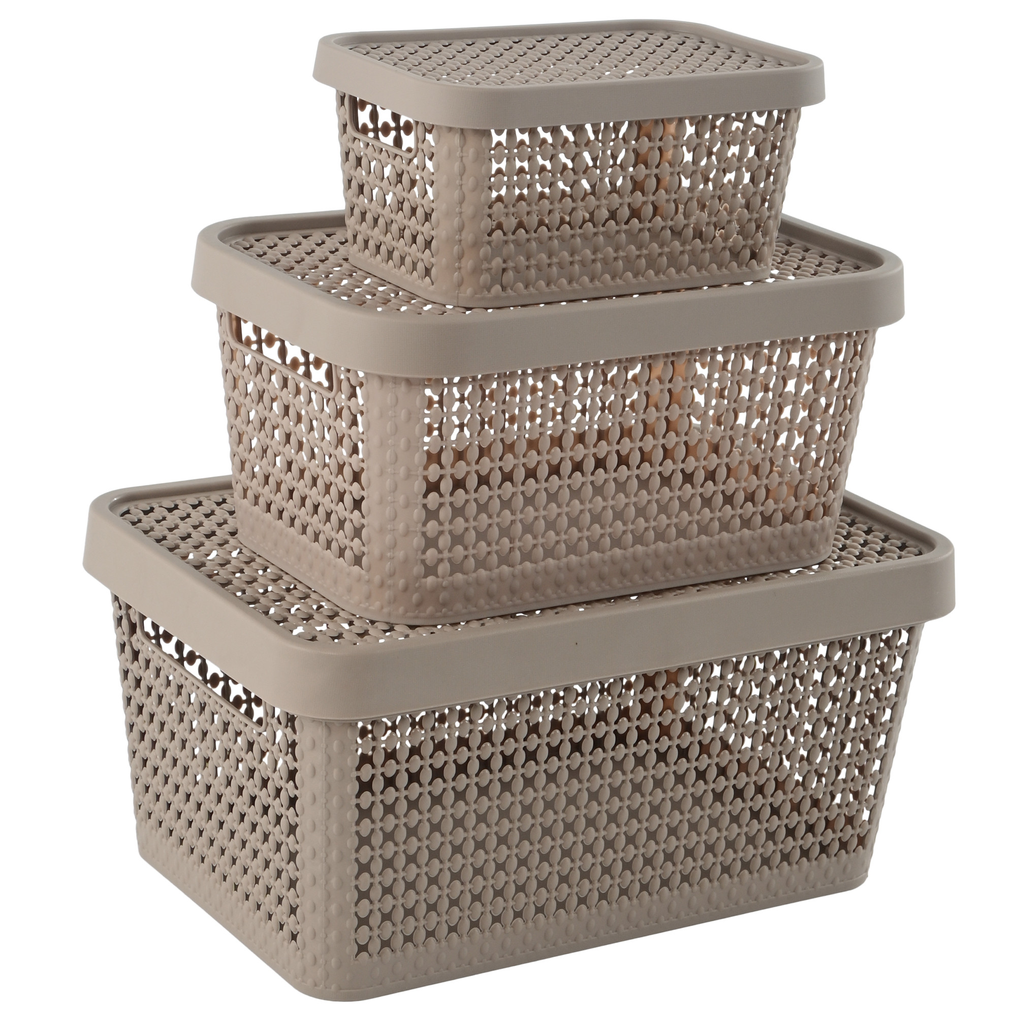 Kuber Industries Set of 3 Stackable Plastic Basket for Storage with Lid  Multipurpose Toys Stationery Organizers Box  Countertop Basket Organisers for Kitchen and Bathroom Accessories  Beige