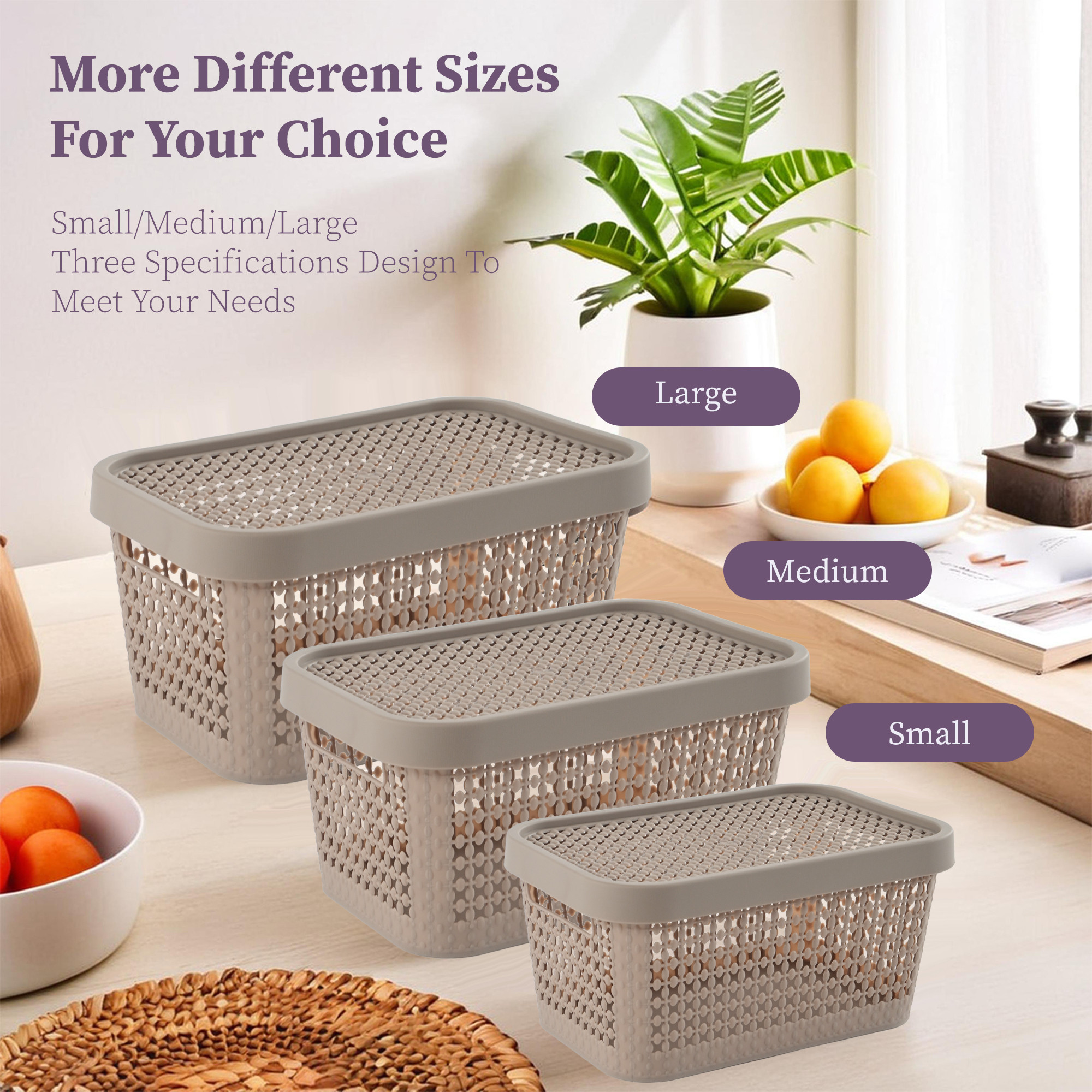 Kuber Industries Set of 3 Stackable Plastic Basket for Storage with Lid  Multipurpose Toys Stationery Organizers Box  Countertop Basket Organisers for Kitchen and Bathroom Accessories  Beige
