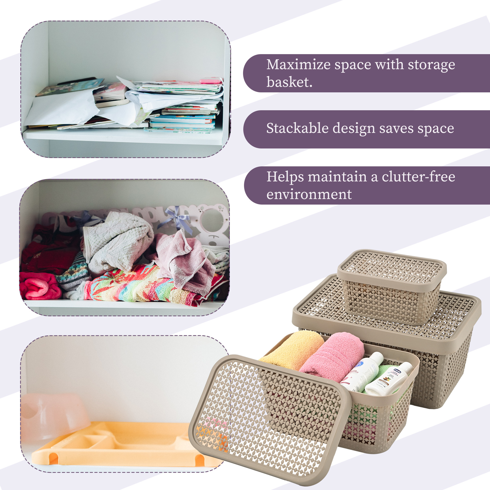 Kuber Industries Set of 3 Stackable Plastic Basket for Storage with Lid  Multipurpose Toys Stationery Organizers Box  Countertop Basket Organisers for Kitchen and Bathroom Accessories  Beige