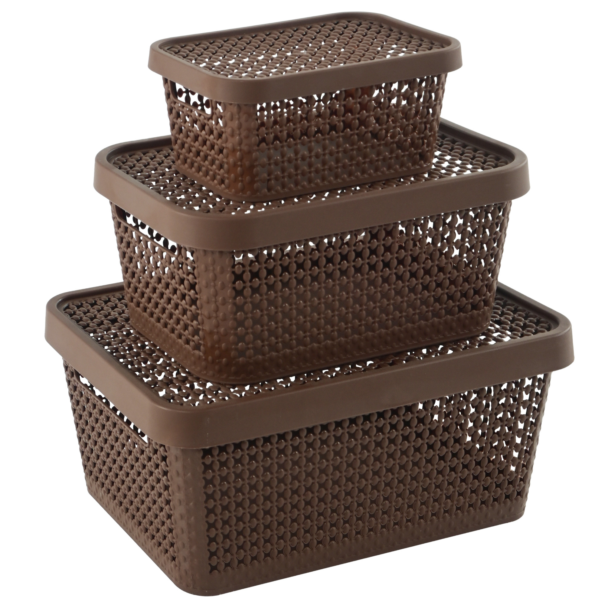 Kuber Industries Set of 3 Stackable Plastic Basket for Storage with Lid  Multipurpose Toys Stationery Organizers Box  Countertop Basket Organisers for Kitchen and Bathroom Accessories  Brown