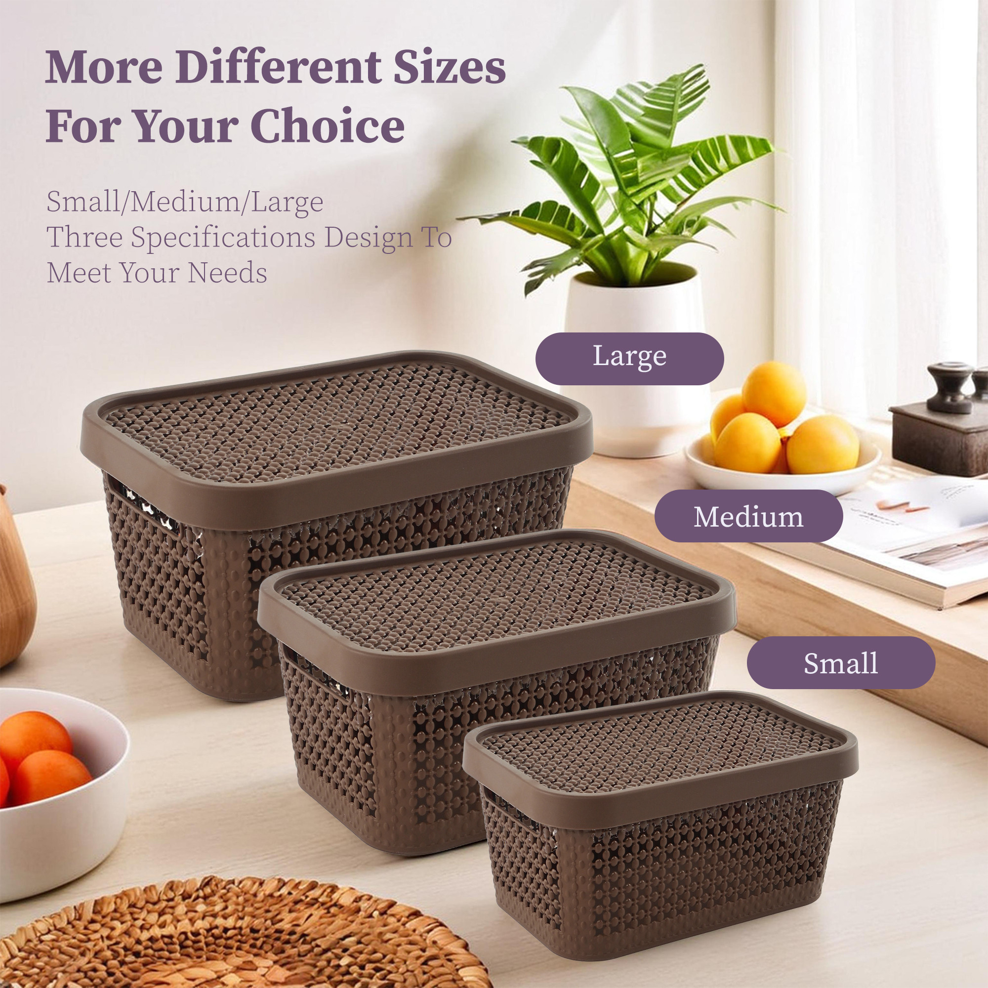 Kuber Industries Set of 3 Stackable Plastic Basket for Storage with Lid  Multipurpose Toys Stationery Organizers Box  Countertop Basket Organisers for Kitchen and Bathroom Accessories  Brown