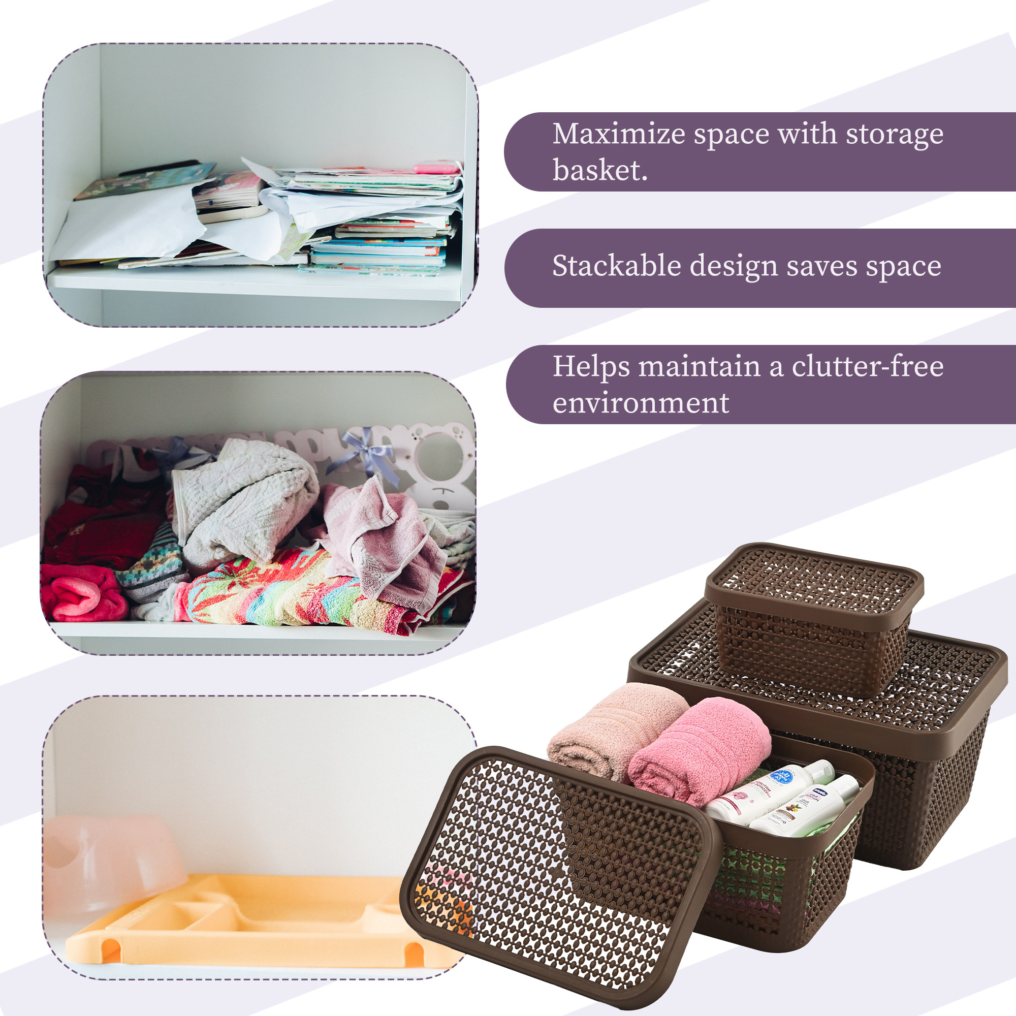 Kuber Industries Set of 3 Stackable Plastic Basket for Storage with Lid  Multipurpose Toys Stationery Organizers Box  Countertop Basket Organisers for Kitchen and Bathroom Accessories  Brown