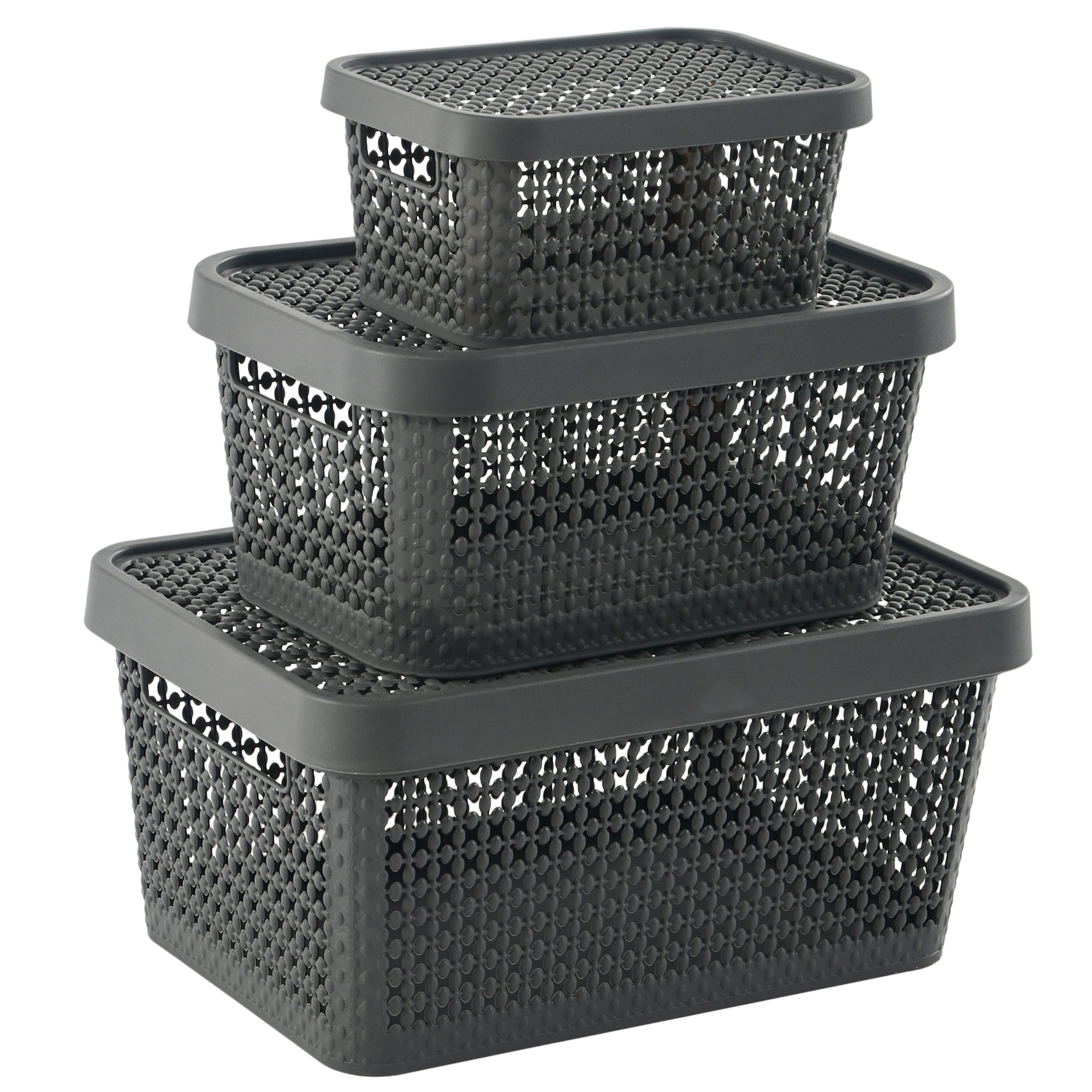 Kuber Industries Set of 3 Stackable Plastic Basket for Storage with Lid  Multipurpose Toys Stationery Organizers Box  Countertop Basket Organisers for Kitchen and Bathroom Accessories  Grey