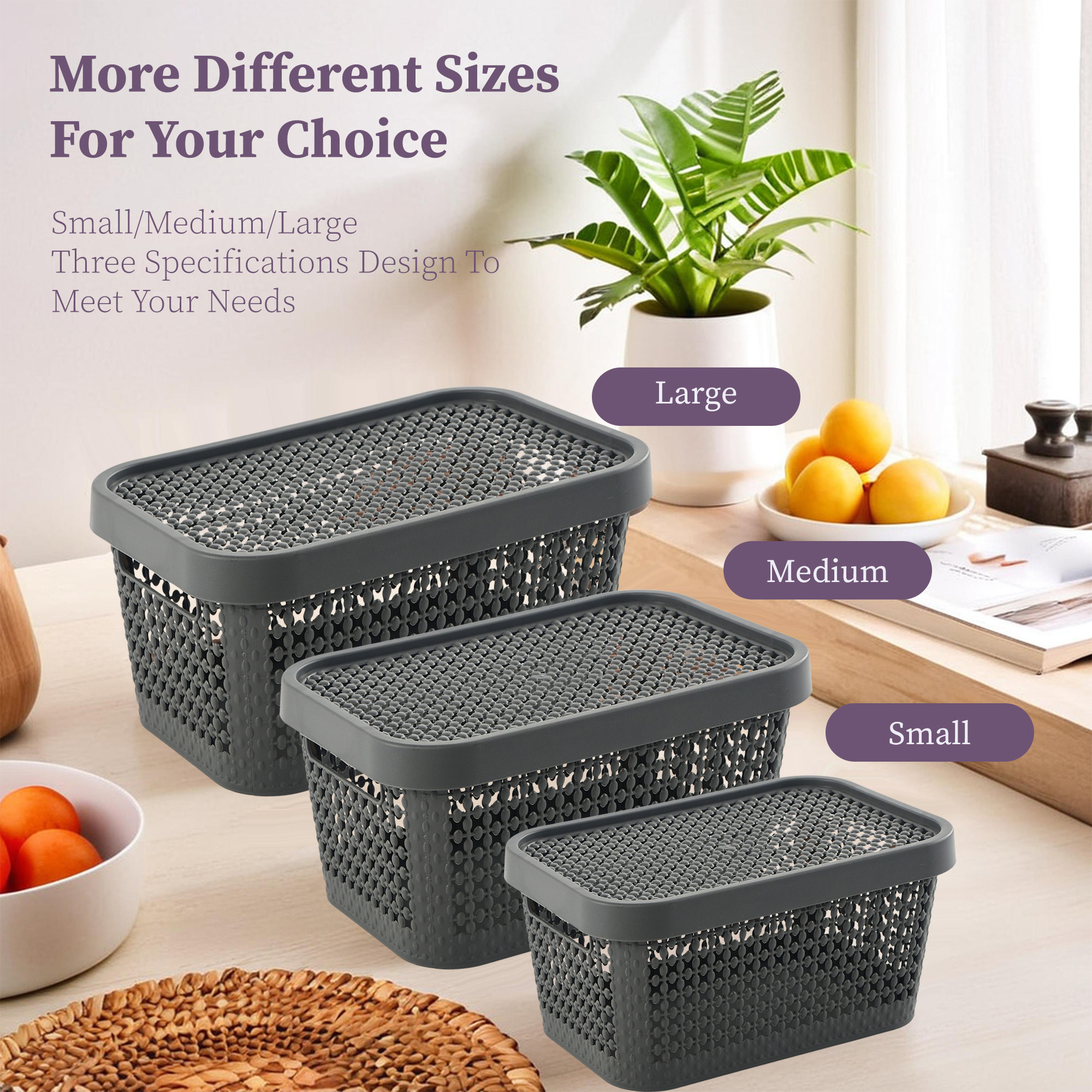 Kuber Industries Set of 3 Stackable Plastic Basket for Storage with Lid  Multipurpose Toys Stationery Organizers Box  Countertop Basket Organisers for Kitchen and Bathroom Accessories  Grey