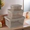 Set of 3 Stackable Plastic Basket for Storage with Lid | Multipurpose Toys, Stationery Organizers Box | Countertop Basket Organisers for Kitchen and Bathroom Accessories | Beige