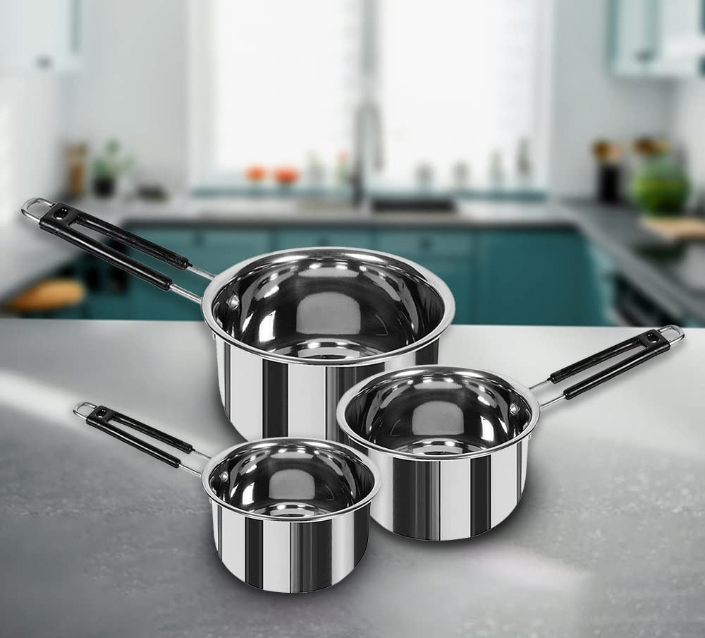Kuber Industries Set of 3 Stainless Steel Saucepan/Tea Pan I 1.1 L, 1.5 L, 2.2 L Capacity I Silicon Handle I Thick Base for Boiling Milk & Tea I Heavy Duty Gauge I Tapeli Patila, Sauce Pot Cookware