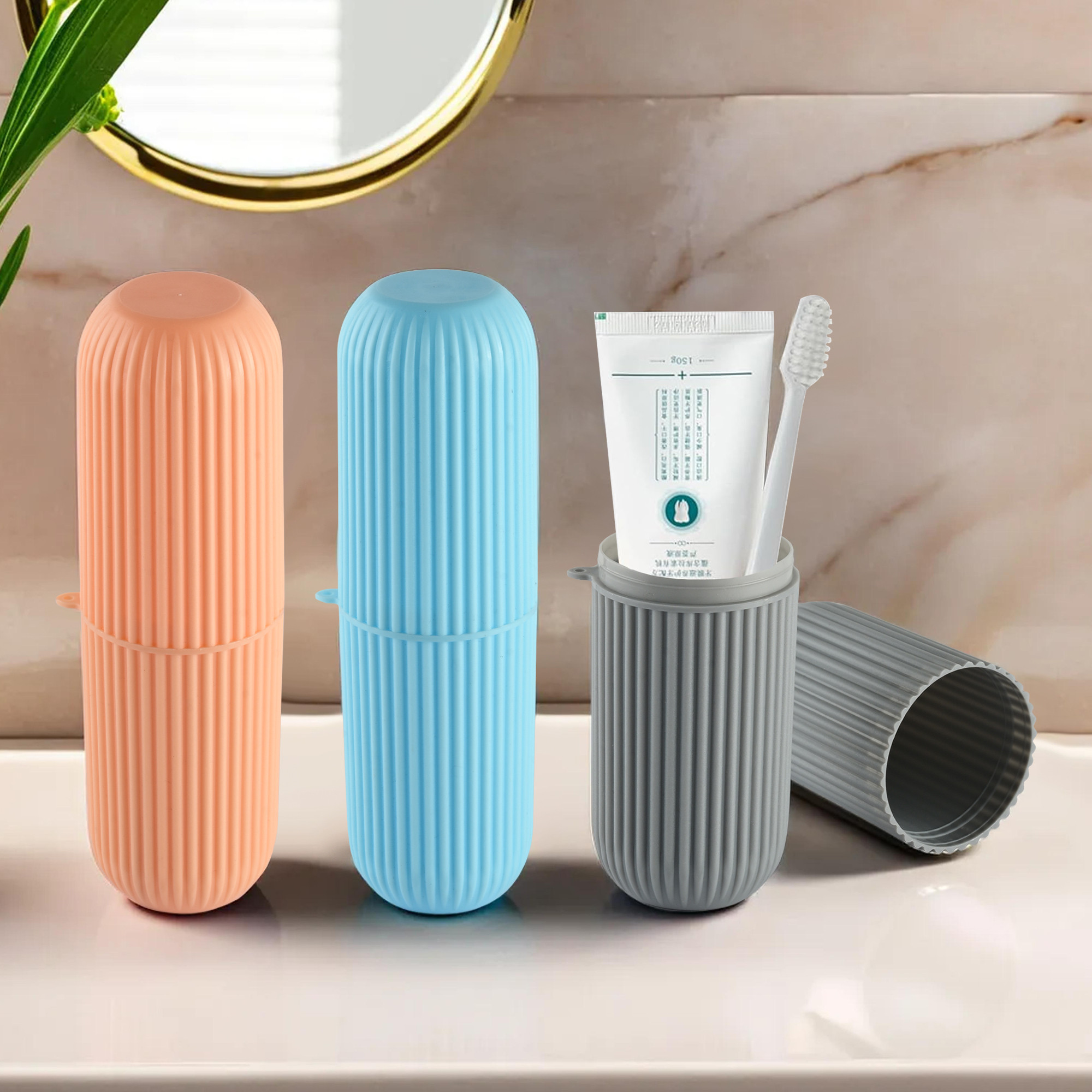 Kuber Industries Set of 3 Toothbrush Holder  Toothbrush Box  Capsule Shape Toothpaste Holder  Brush Holder for Travel  Plastic Brush Holder  Bathroom Toothbrush Kit  Multicolor