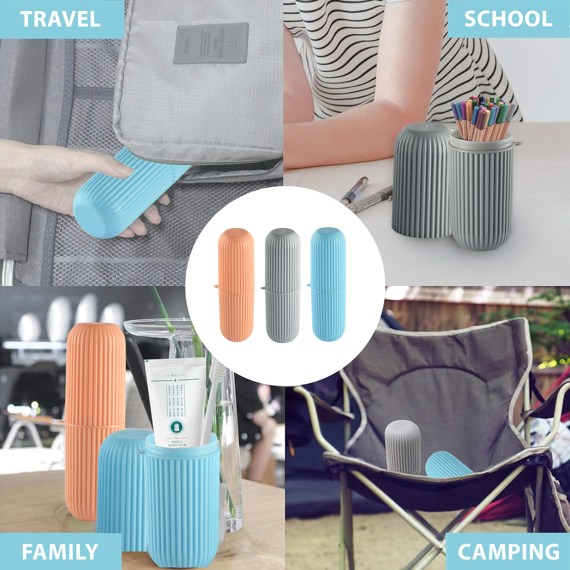 Kuber Industries Set of 3 Toothbrush Holder  Toothbrush Box  Capsule Shape Toothpaste Holder  Brush Holder for Travel  Plastic Brush Holder  Bathroom Toothbrush Kit  Multicolor