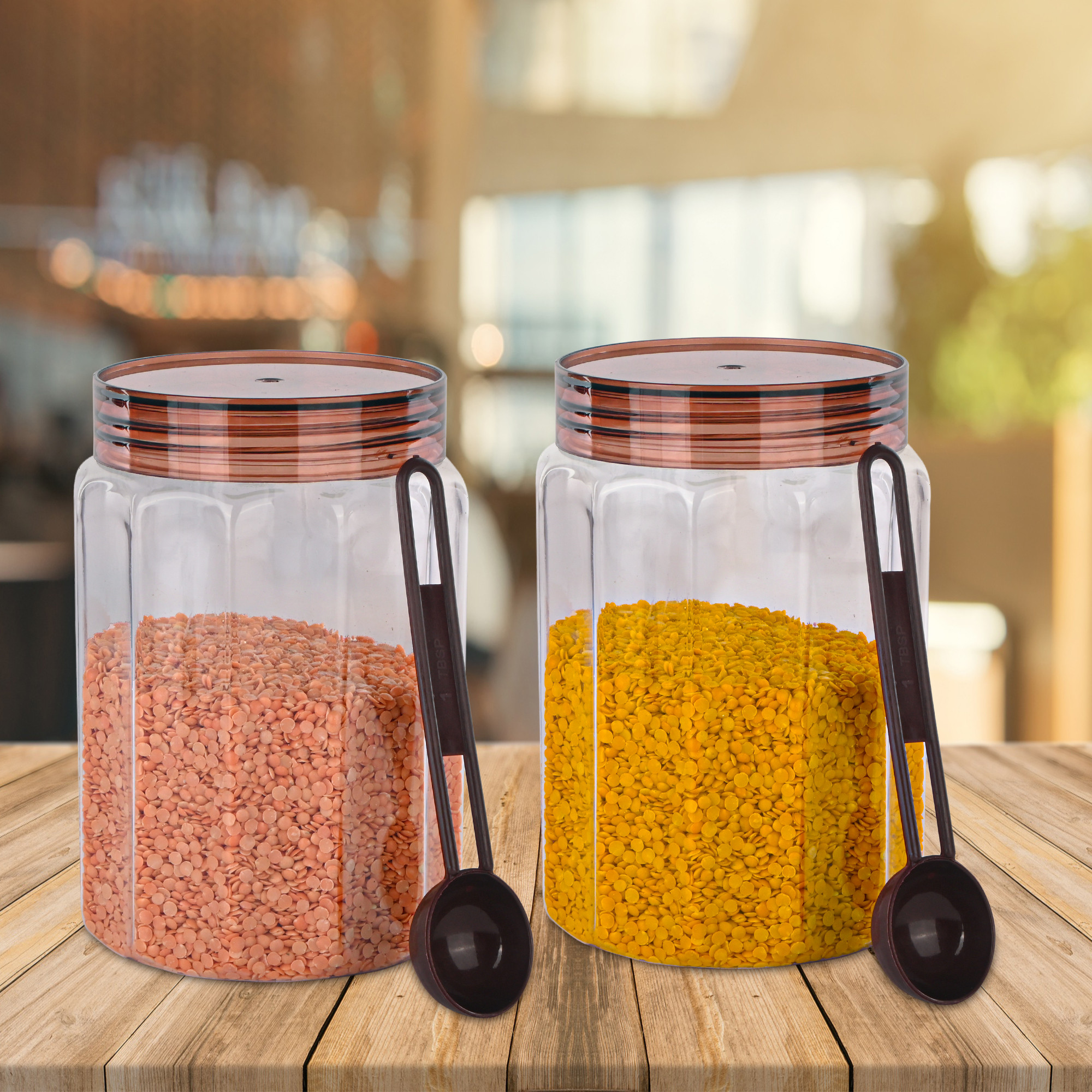 Kuber Industries Set of 3 Transparent 1500 ml Plastic Kitchen Storage Box with Spoons  Durable Storage Containers for Kitchen - Ideal for Snacks Spices  Dry Fruits  Brown Transparent