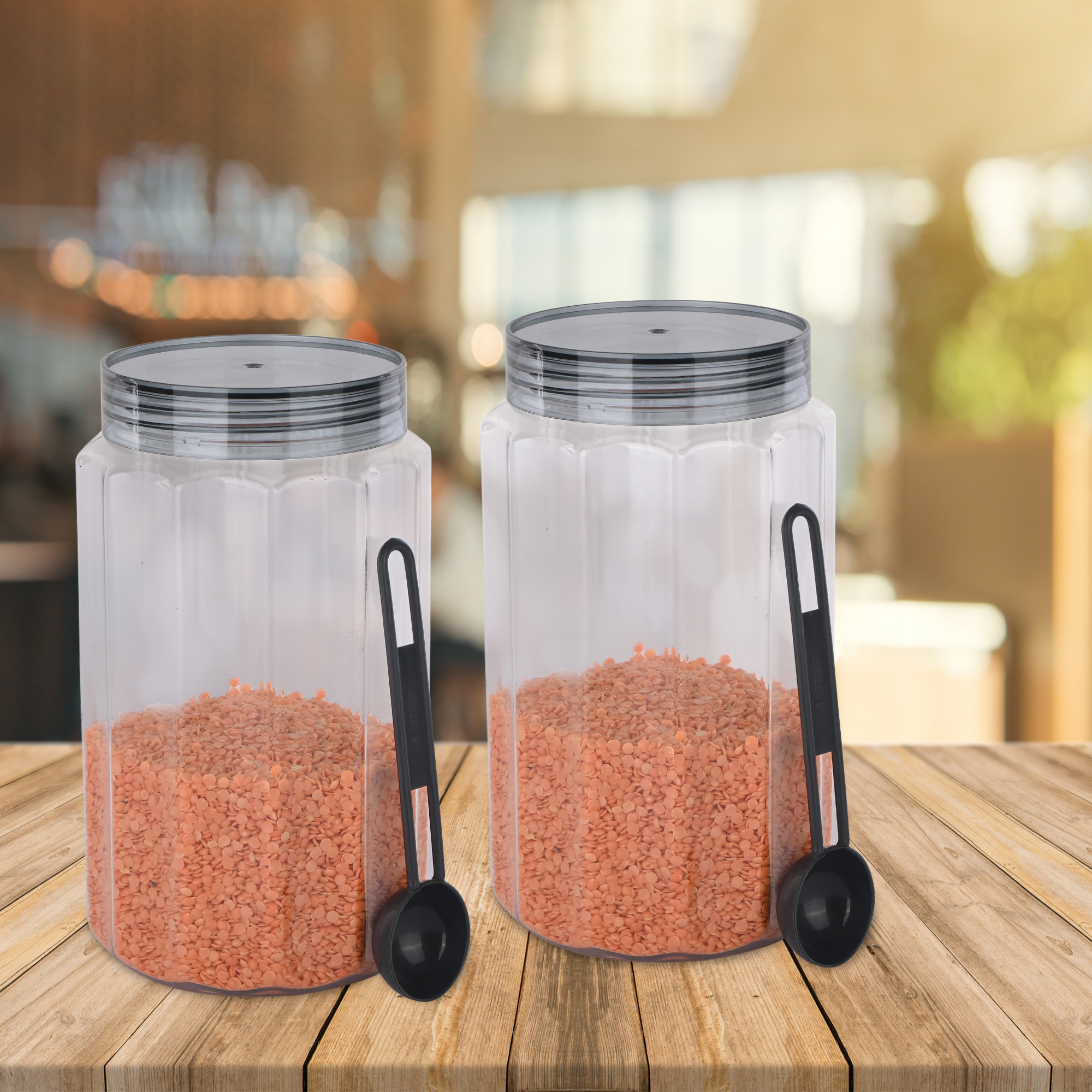Kuber Industries Set of 3 Transparent 1800 ml Plastic Kitchen Storage Box with Spoons  Durable Storage Containers for Kitchen - Ideal for Snacks Spices  Dry Fruits  Grey Transparent