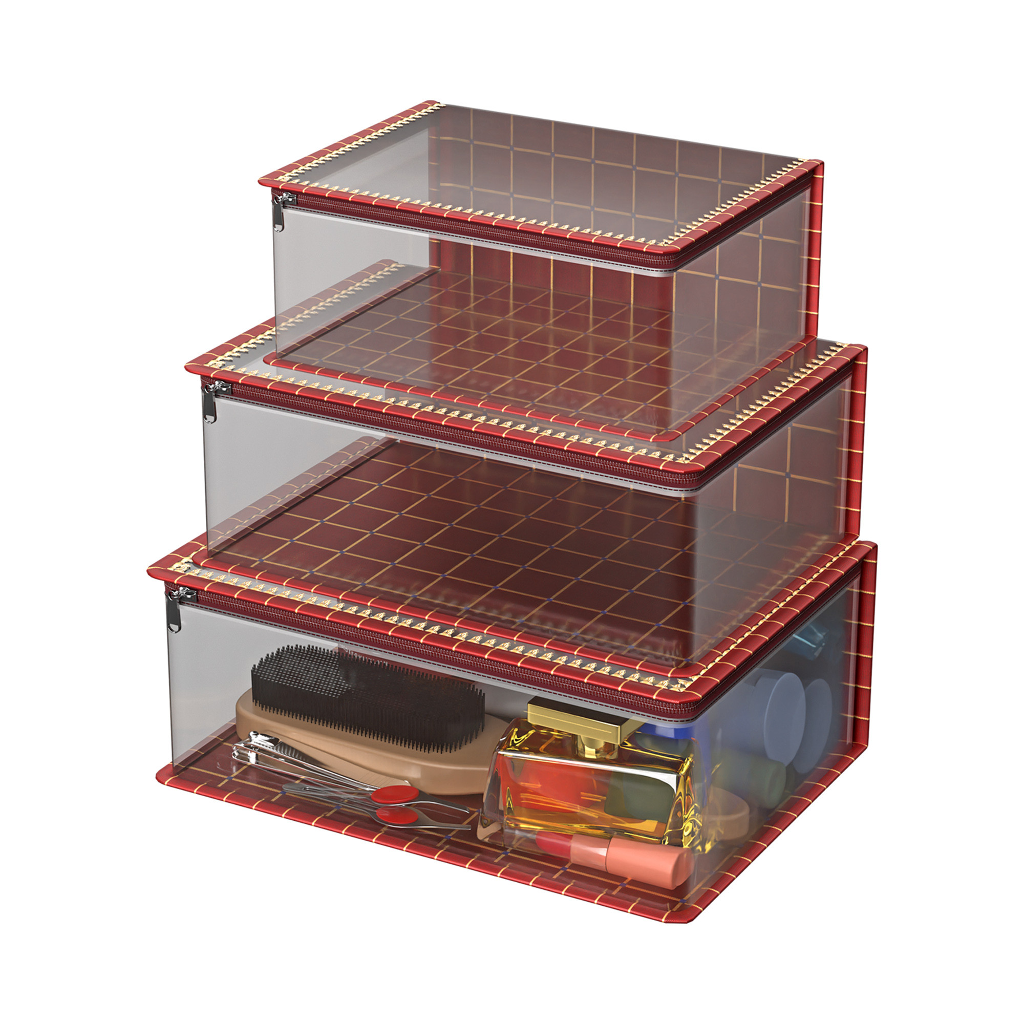 Kuber Industries Set of 3 Travel Storage Organizer  Cosmetic Bag with Handle  Transparent Adjustable Compartment  Travel Makeup Pouch  Toiletries Storage Kit  Gota Check-Design  Maroon