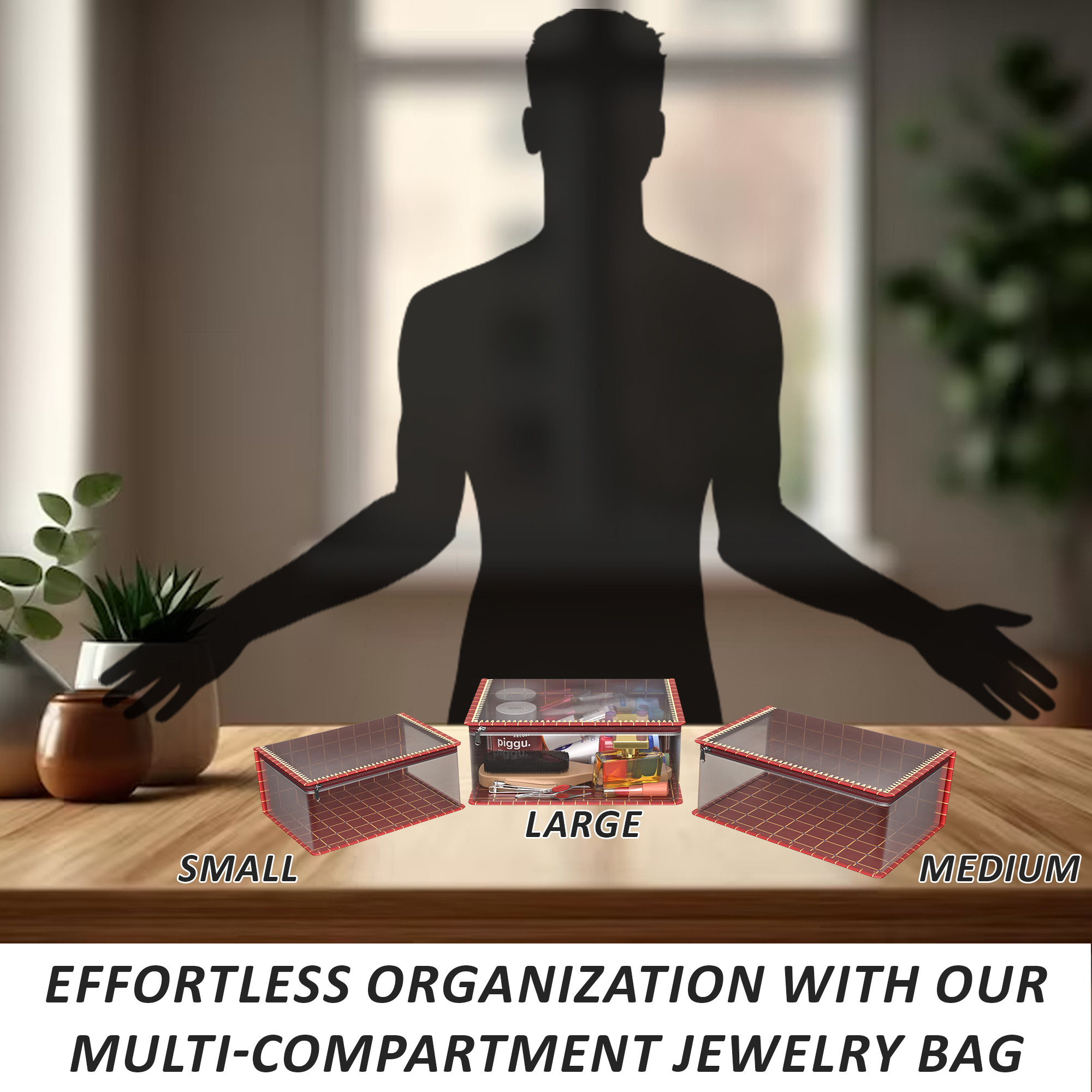 Kuber Industries Set of 3 Travel Storage Organizer  Cosmetic Bag with Handle  Transparent Adjustable Compartment  Travel Makeup Pouch  Toiletries Storage Kit  Gota Check-Design  Maroon