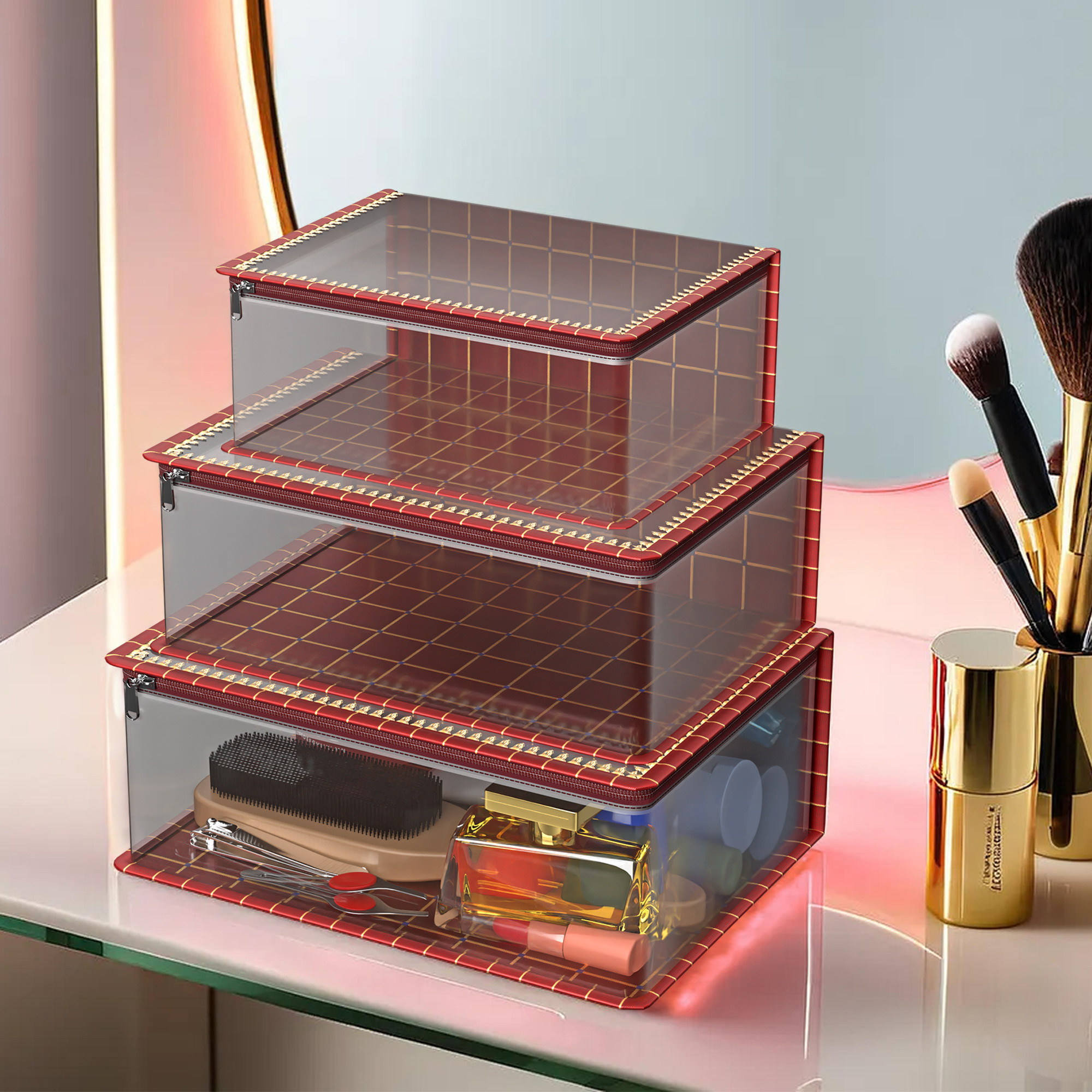 Kuber Industries Set of 3 Travel Storage Organizer  Cosmetic Bag with Handle  Transparent Adjustable Compartment  Travel Makeup Pouch  Toiletries Storage Kit  Gota Check-Design  Maroon