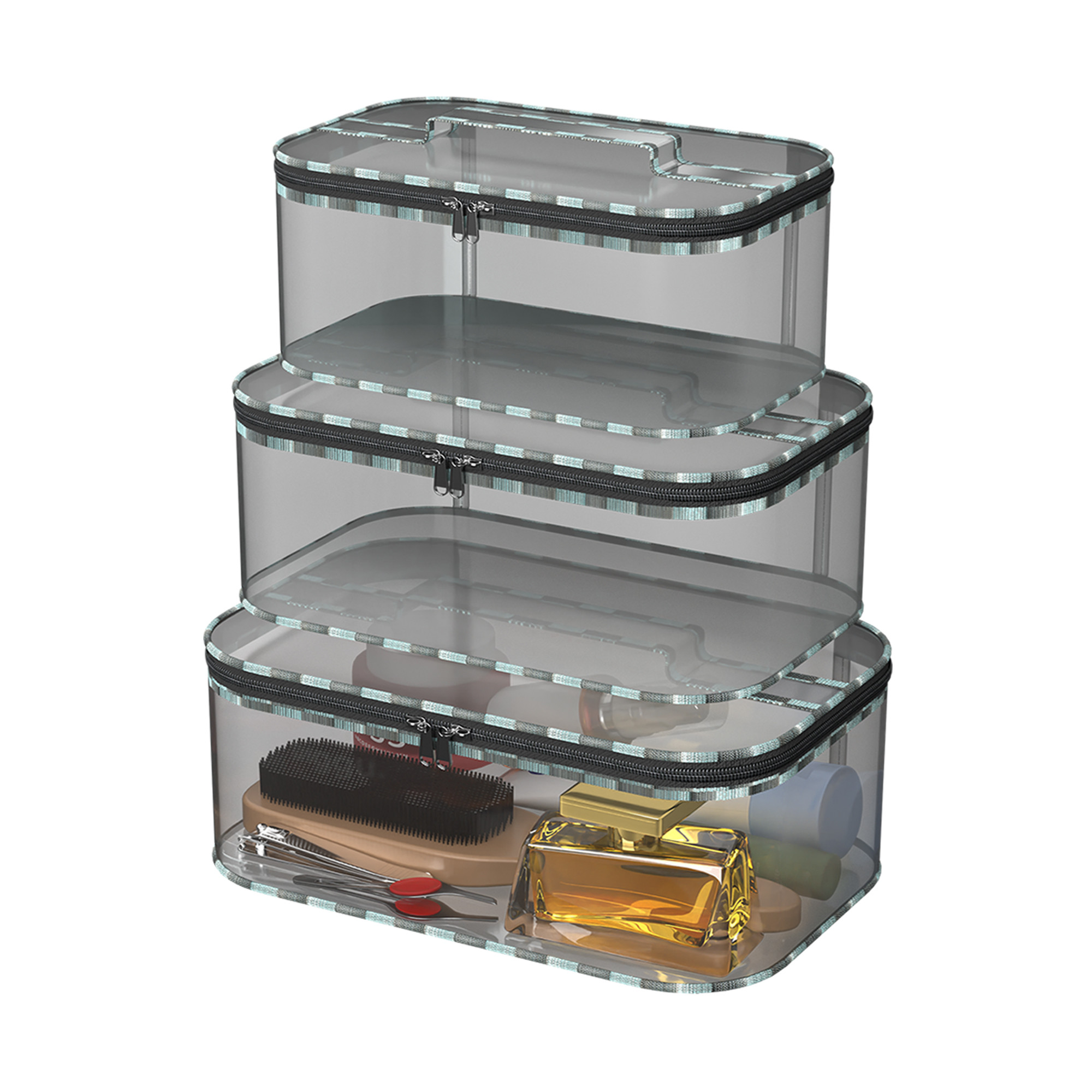 Kuber Industries Set of 3 Travel Storage Organizer  Cosmetic Bag with Handle  Transparent Adjustable Compartment  Travel Makeup Pouch  Toiletries Storage Kit  Check-Design  Gray