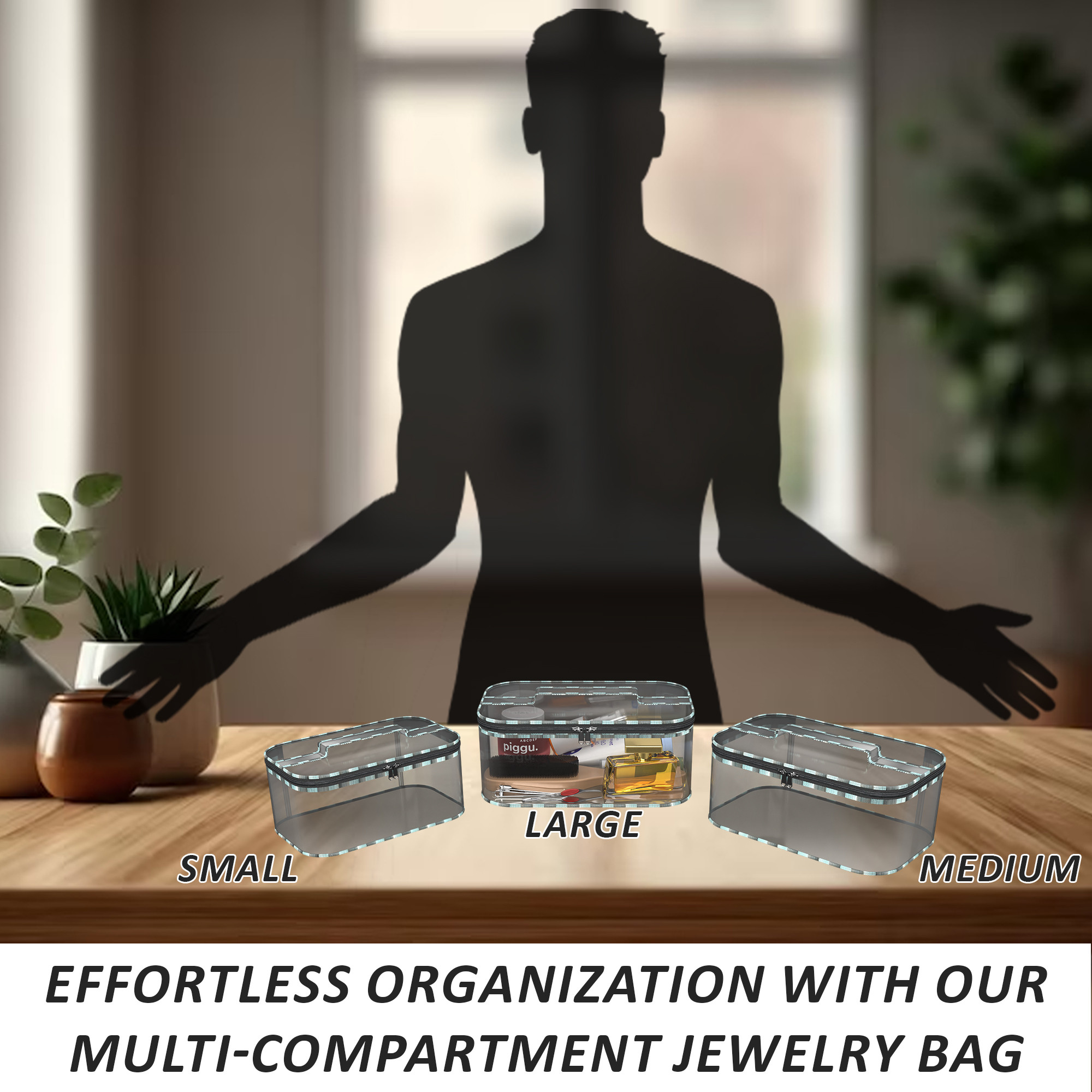 Kuber Industries Set of 3 Travel Storage Organizer  Cosmetic Bag with Handle  Transparent Adjustable Compartment  Travel Makeup Pouch  Toiletries Storage Kit  Check-Design  Gray