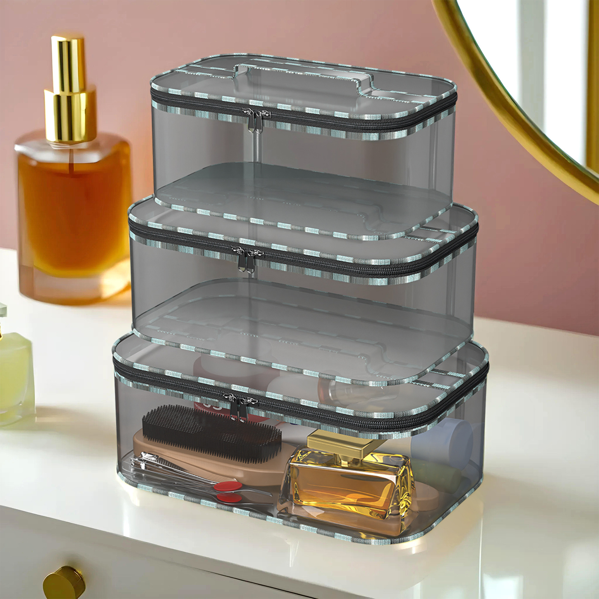 Kuber Industries Set of 3 Travel Storage Organizer  Cosmetic Bag with Handle  Transparent Adjustable Compartment  Travel Makeup Pouch  Toiletries Storage Kit  Check-Design  Gray