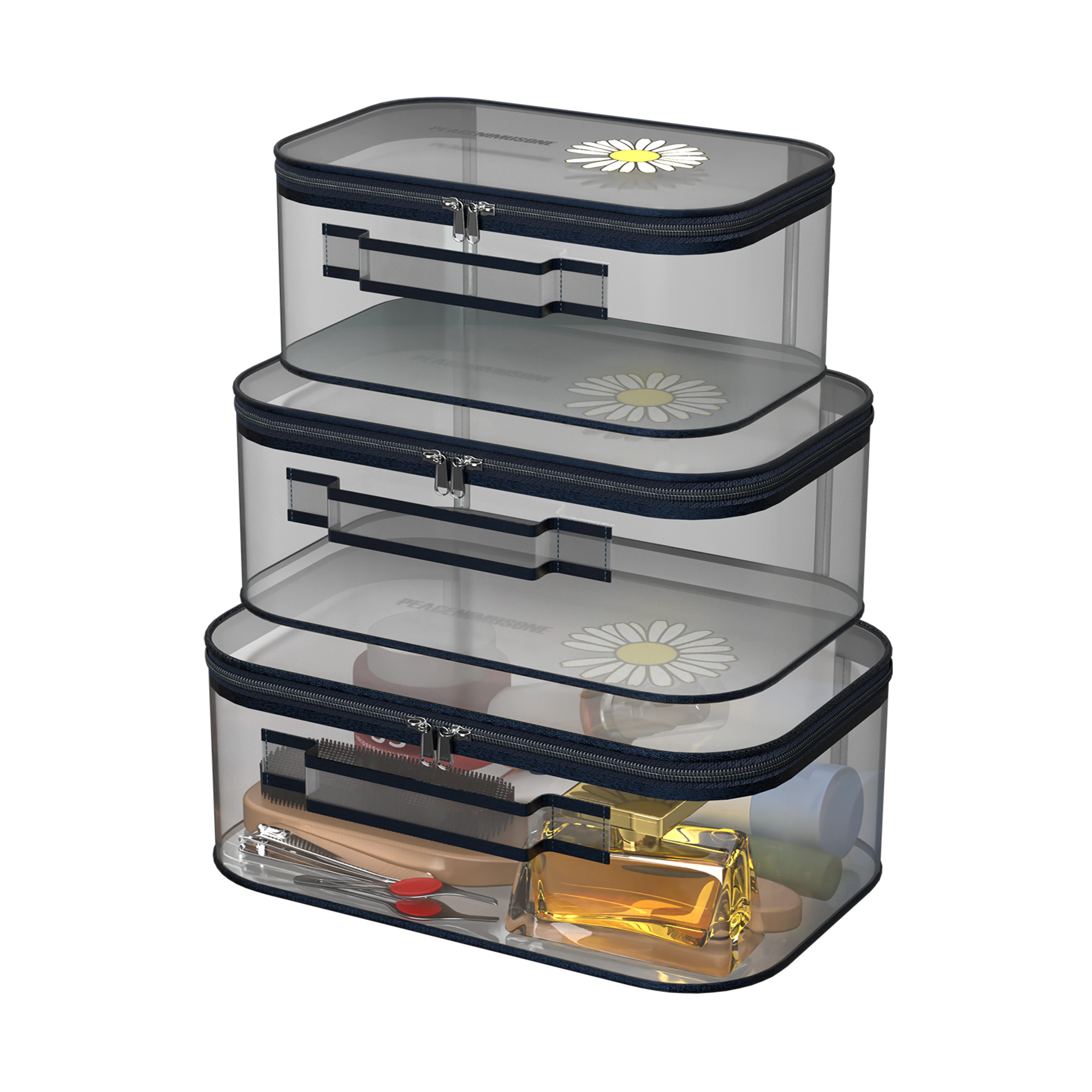 Kuber Industries Set of 3 Travel Storage Organizer  Cosmetic Bag with Handle  Transparent Adjustable Compartment  Travel Makeup Pouch  Toiletries Storage Kit  Sunflower-Design  Blue