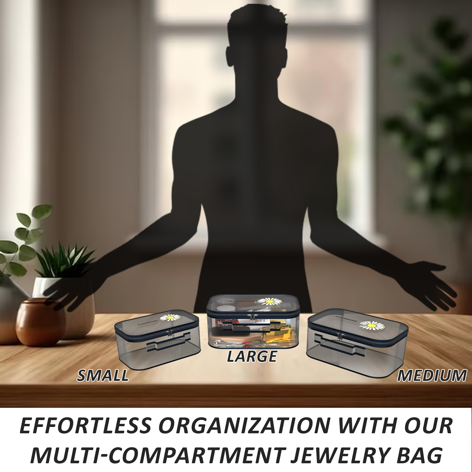 Kuber Industries Set of 3 Travel Storage Organizer  Cosmetic Bag with Handle  Transparent Adjustable Compartment  Travel Makeup Pouch  Toiletries Storage Kit  Sunflower-Design  Blue