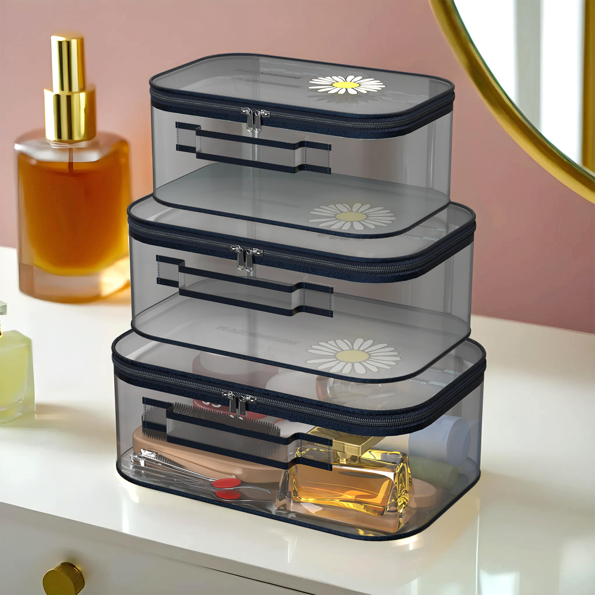 Kuber Industries Set of 3 Travel Storage Organizer  Cosmetic Bag with Handle  Transparent Adjustable Compartment  Travel Makeup Pouch  Toiletries Storage Kit  Sunflower-Design  Blue