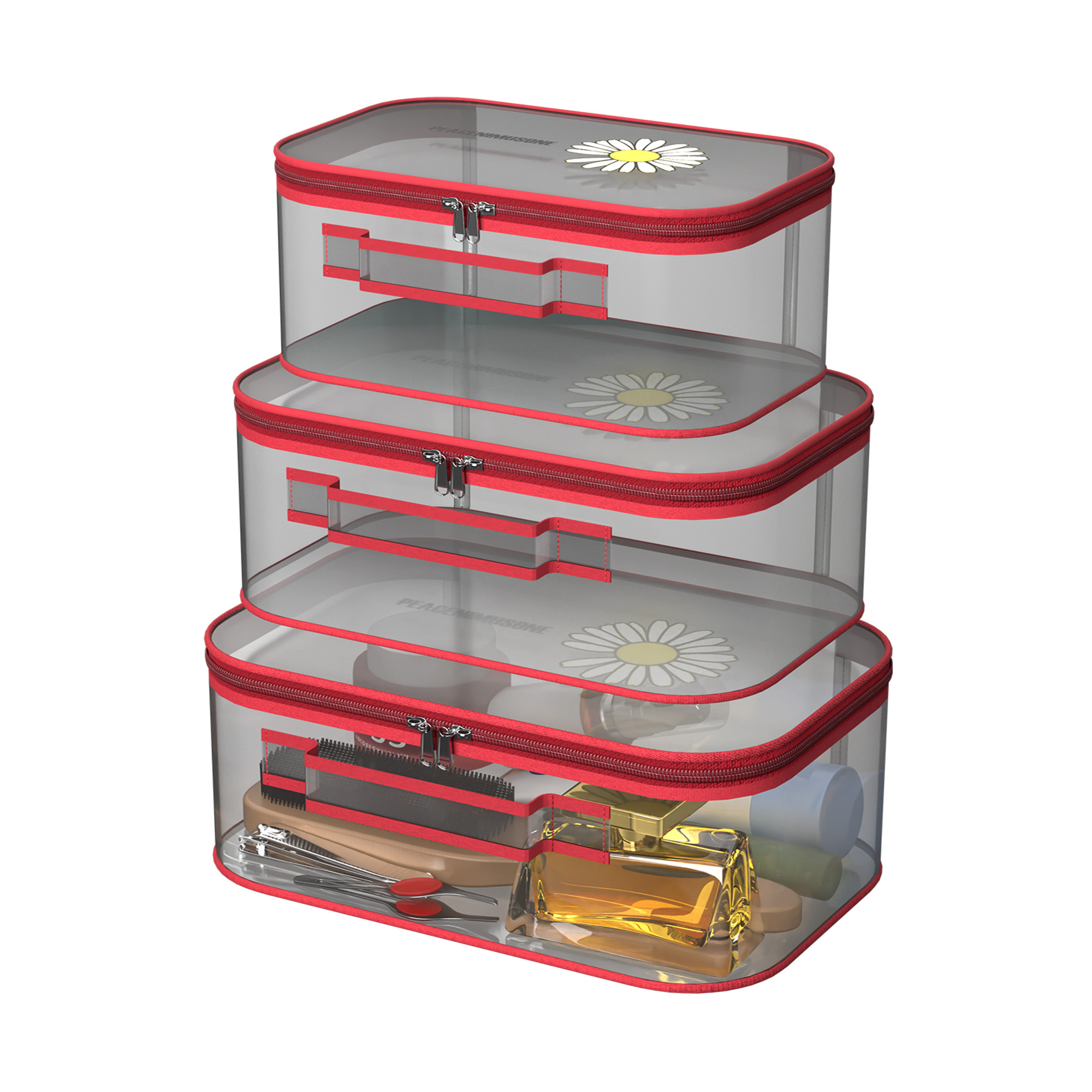 Kuber Industries Set of 3 Travel Storage Organizer  Cosmetic Bag with Handle  Transparent Adjustable Compartment  Travel Makeup Pouch  Toiletries Storage Kit  Sunflower-Design  Red