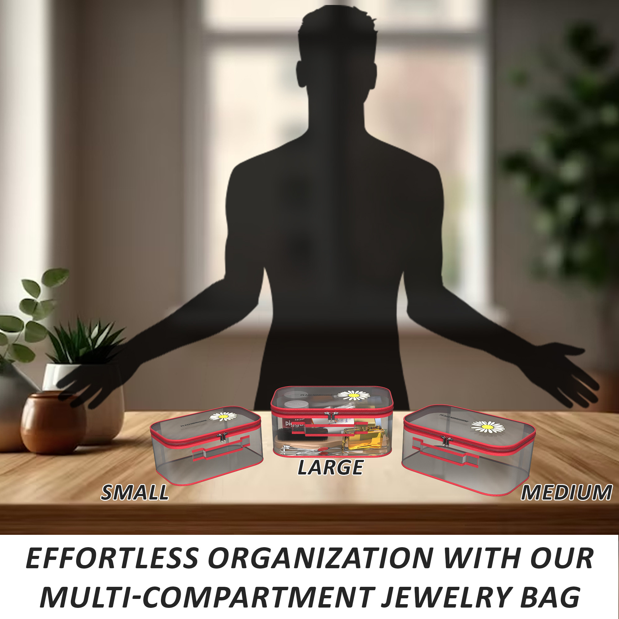 Kuber Industries Set of 3 Travel Storage Organizer  Cosmetic Bag with Handle  Transparent Adjustable Compartment  Travel Makeup Pouch  Toiletries Storage Kit  Sunflower-Design  Red