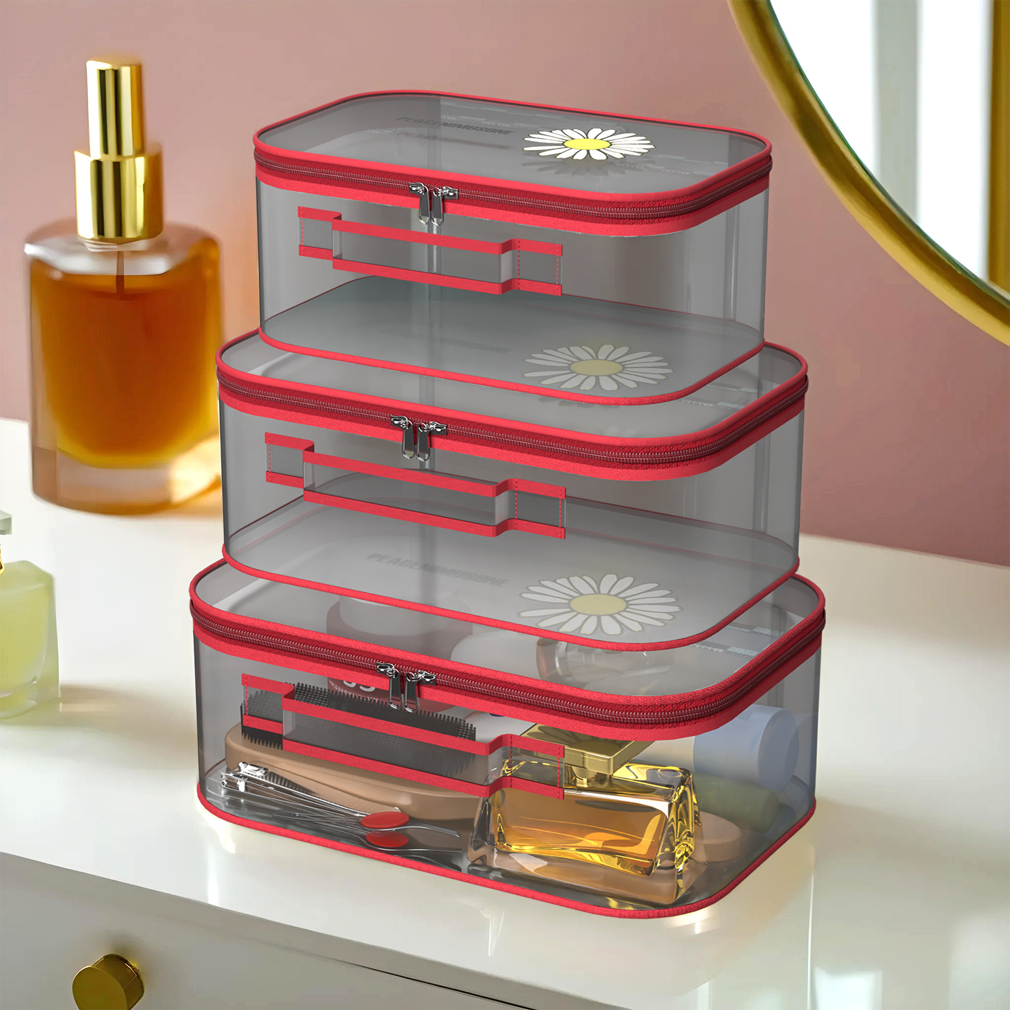 Kuber Industries Set of 3 Travel Storage Organizer  Cosmetic Bag with Handle  Transparent Adjustable Compartment  Travel Makeup Pouch  Toiletries Storage Kit  Sunflower-Design  Red