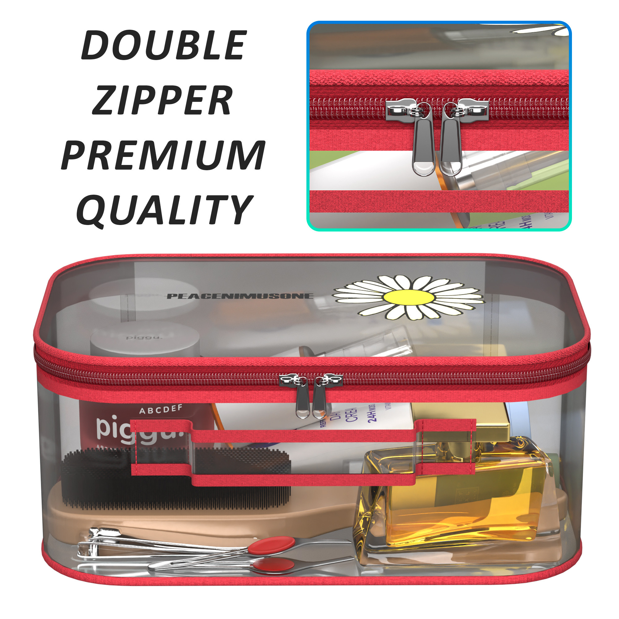 Kuber Industries Set of 3 Travel Storage Organizer  Cosmetic Bag with Handle  Transparent Adjustable Compartment  Travel Makeup Pouch  Toiletries Storage Kit  Sunflower-Design  Red