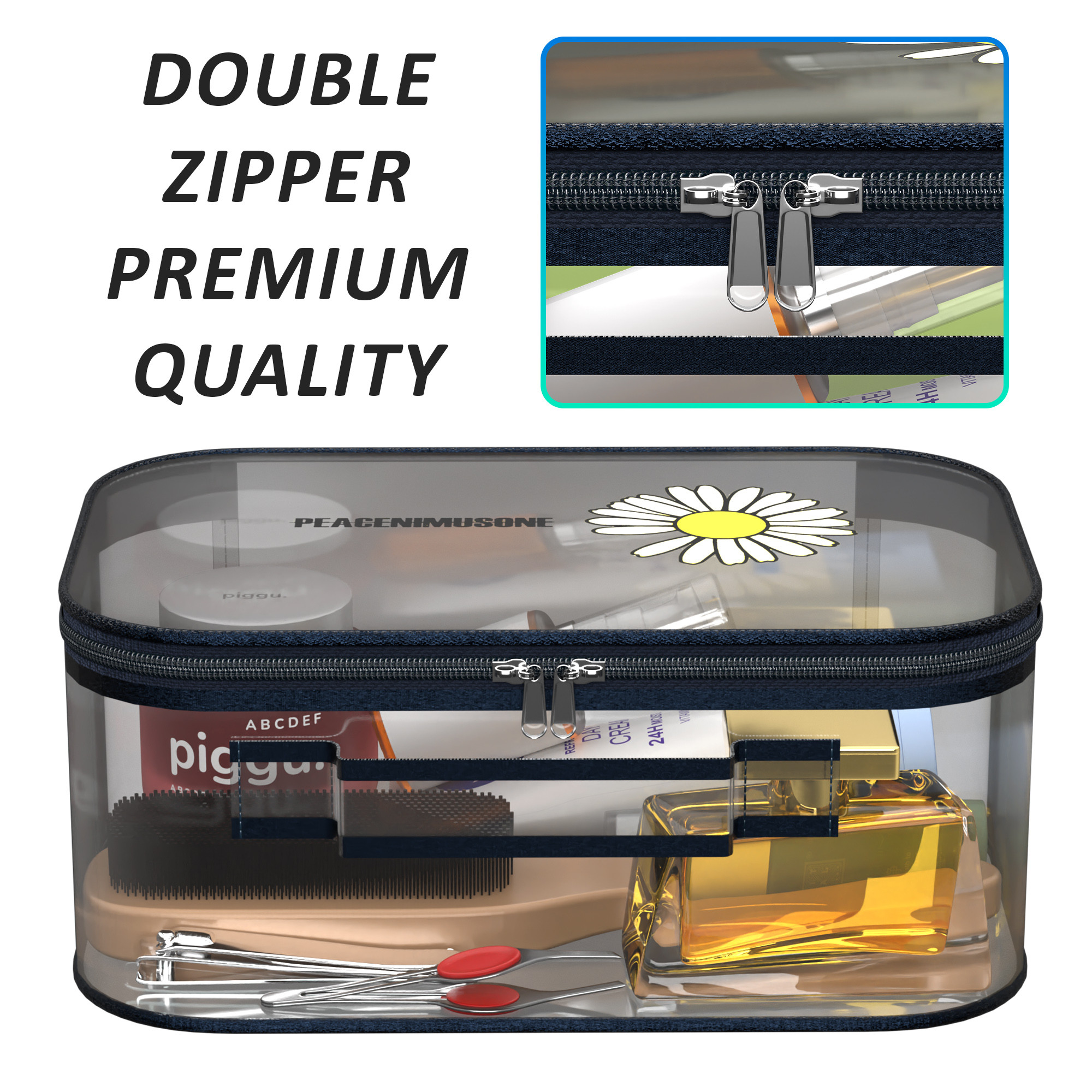 Kuber Industries Set of 3 Travel Storage Organizer  Cosmetic Bag with Handle  Transparent Adjustable Compartment  Travel Makeup Pouch  Toiletries Storage Kit  Sunflower-Design  Blue