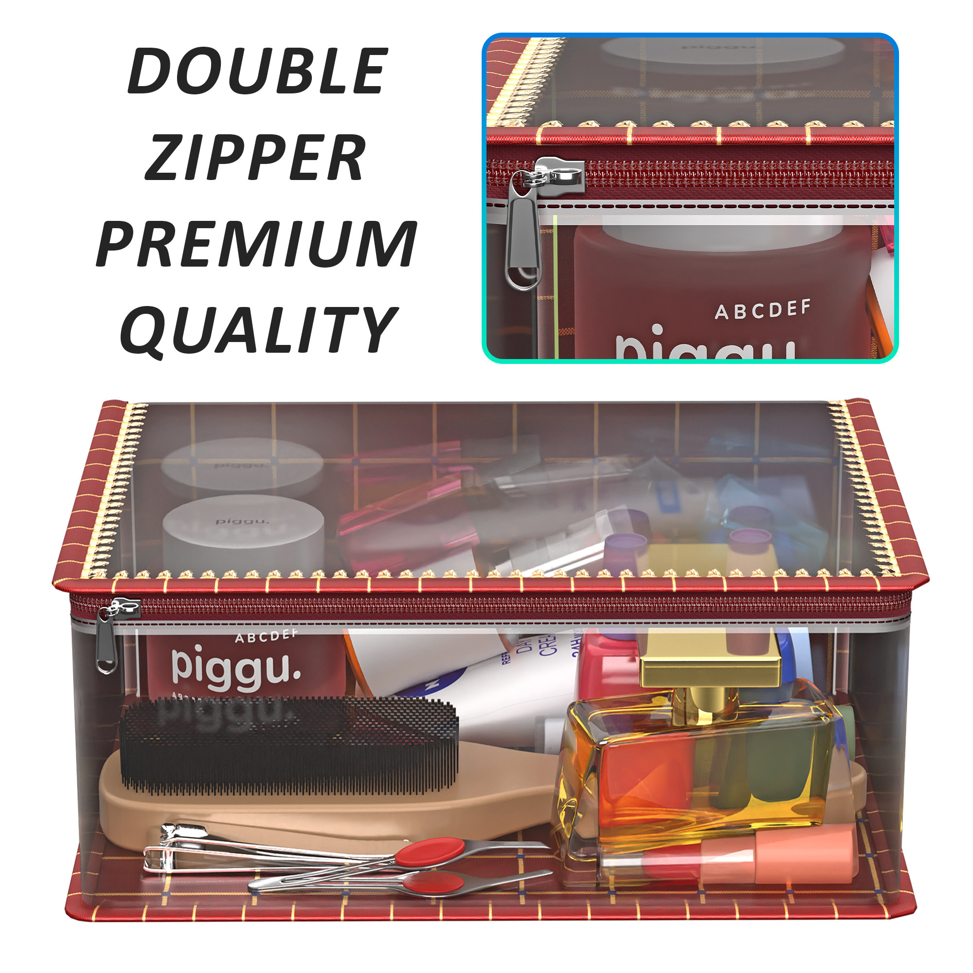 Kuber Industries Set of 3 Travel Storage Organizer  Cosmetic Bag with Handle  Transparent Adjustable Compartment  Travel Makeup Pouch  Toiletries Storage Kit  Gota Check-Design  Maroon