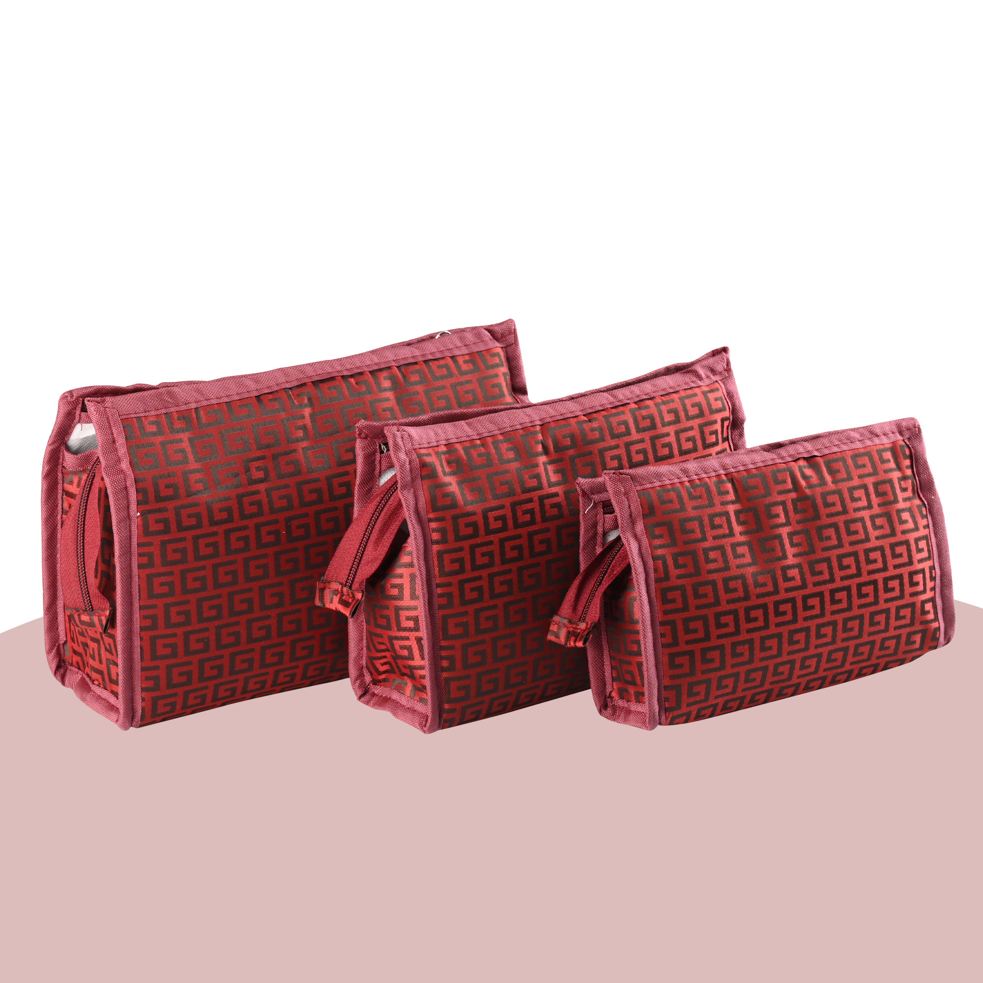 Kuber Industries Set of 3 Travel Storage Organizer  Cosmetic Storage Bag  Waterproof Toiletry Pouch  Adjustable Compartment Jewellery Kit  Self 3 Chain-Design  Maroon