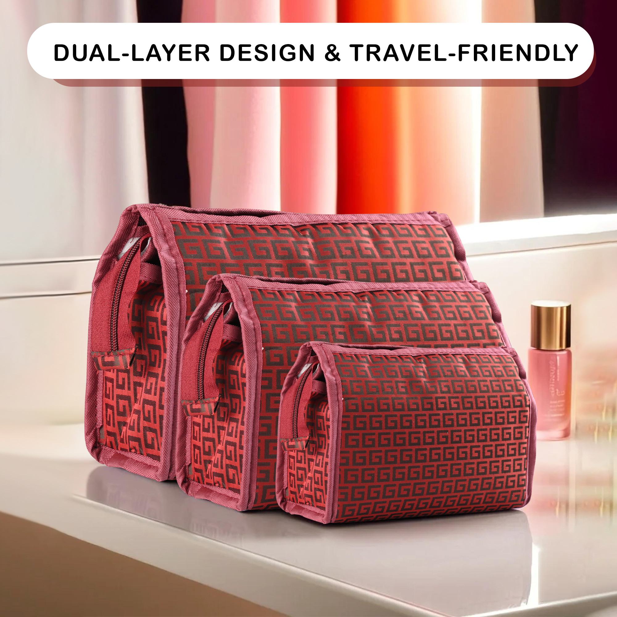 Kuber Industries Set of 3 Travel Storage Organizer  Cosmetic Storage Bag  Waterproof Toiletry Pouch  Adjustable Compartment Jewellery Kit  Self 3 Chain-Design  Maroon