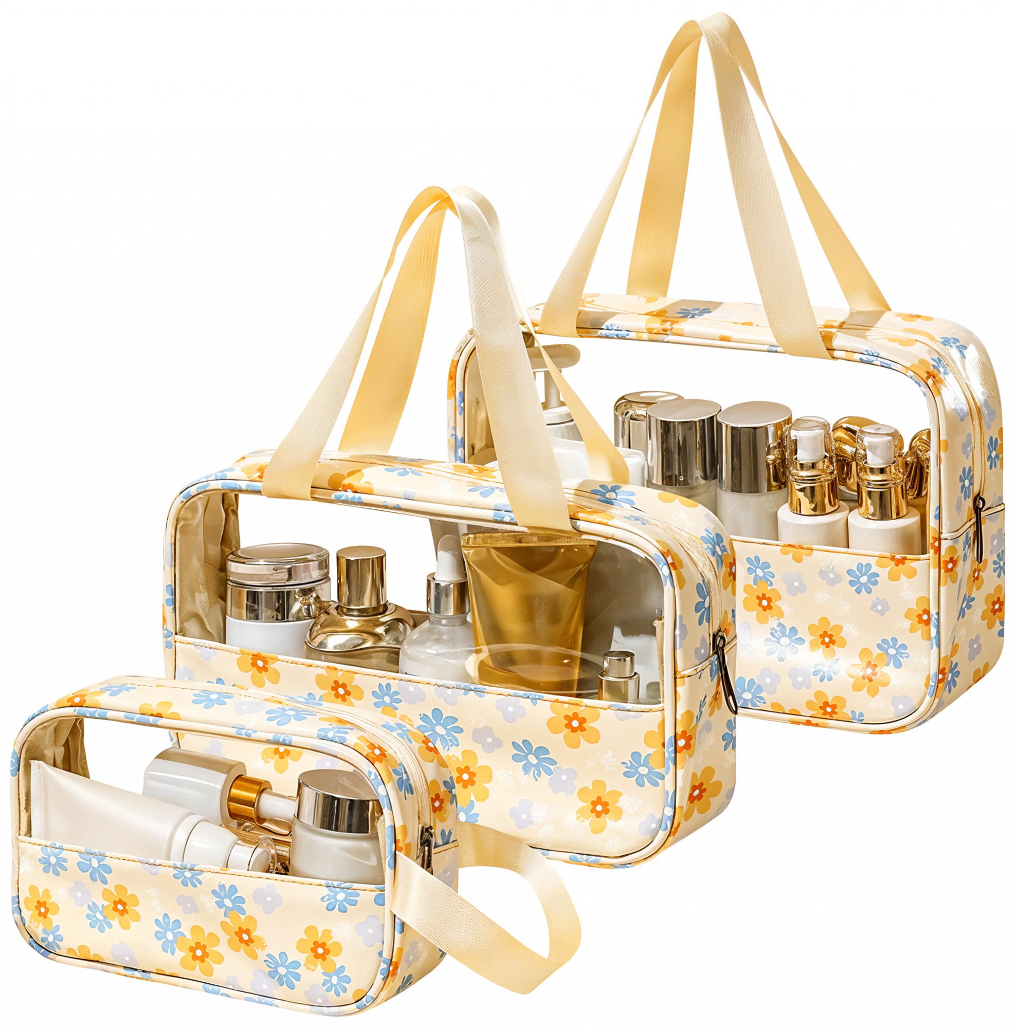 Kuber Industries Set of 3 Waterproof Travel Toiletry Pouch for Women  Space-Saving Skincare  Cosmetic Bag  Aesthetic Vanity Kit  Wash Bag for Girls  YJ-22-YEL  Flower Print - Yellow