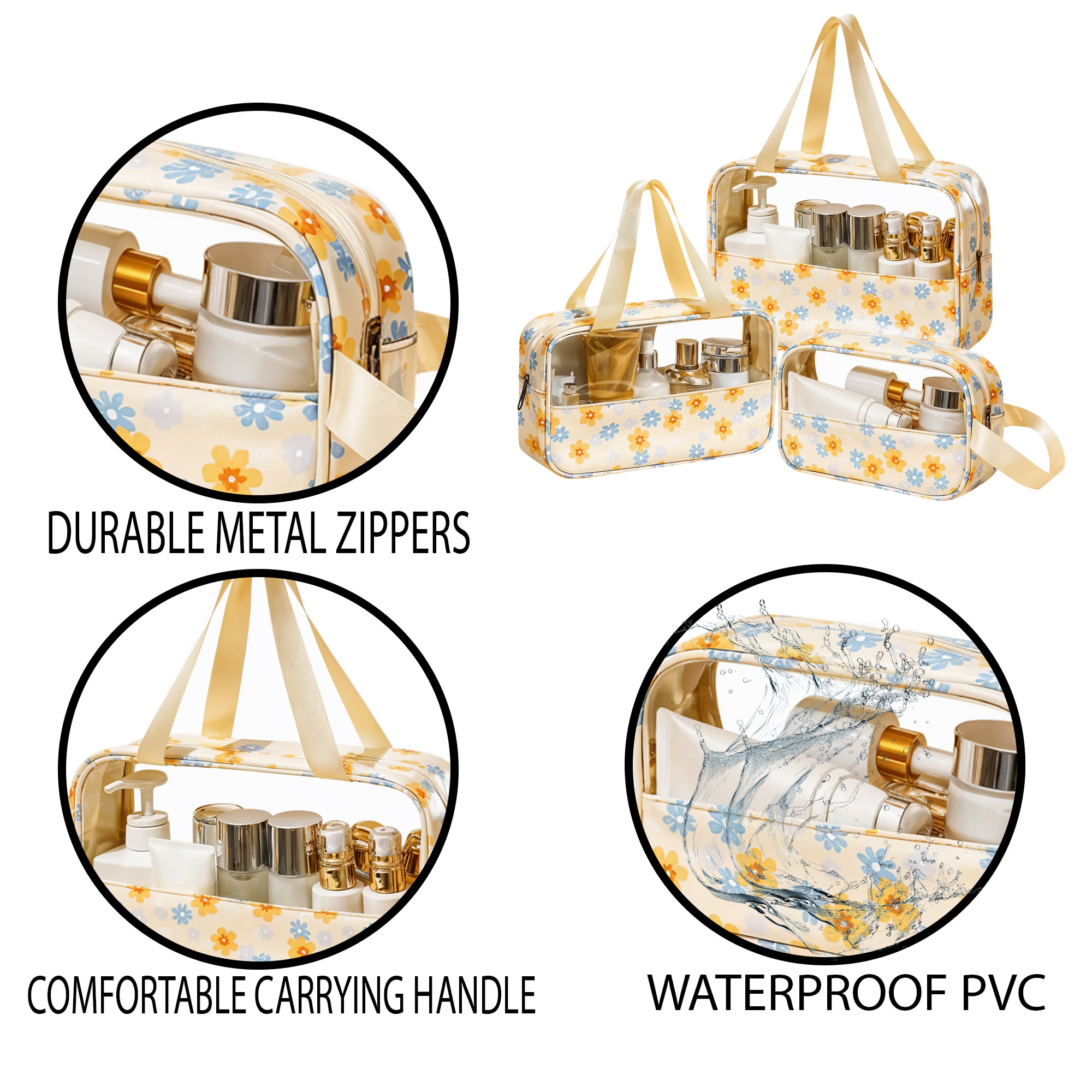 Kuber Industries Set of 3 Waterproof Travel Toiletry Pouch for Women  Space-Saving Skincare  Cosmetic Bag  Aesthetic Vanity Kit  Wash Bag for Girls  YJ-22-YEL  Flower Print - Yellow