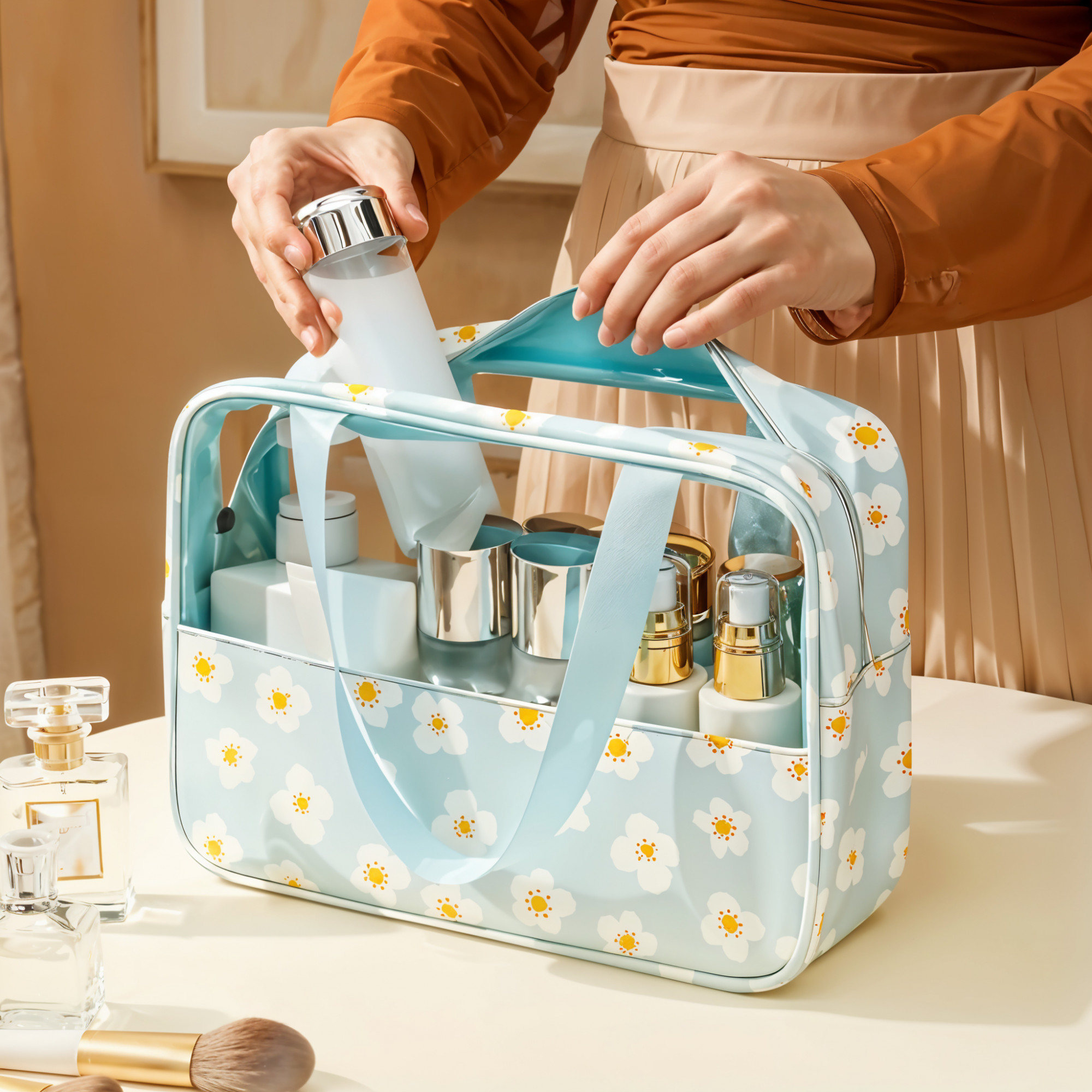 Kuber Industries Set of 3 Waterproof Travel Toiletry Pouch for Women  Space-Saving Skincare  Cosmetic Bag  Aesthetic Vanity Kit  Wash Bag for Girls  YJ-22-BLU  Flower Print - Blue