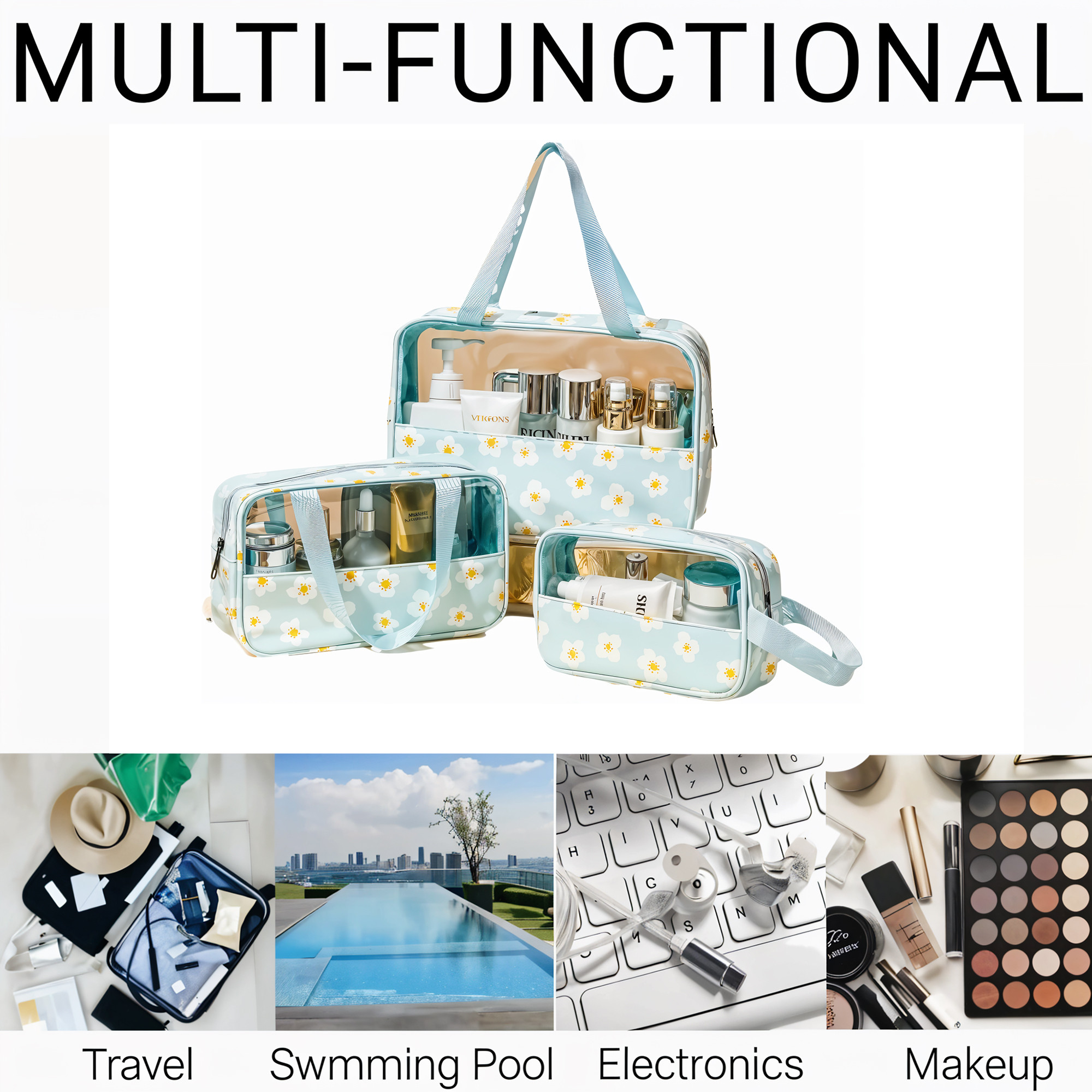 Kuber Industries Set of 3 Waterproof Travel Toiletry Pouch for Women  Space-Saving Skincare  Cosmetic Bag  Aesthetic Vanity Kit  Wash Bag for Girls  YJ-22-BLU  Flower Print - Blue