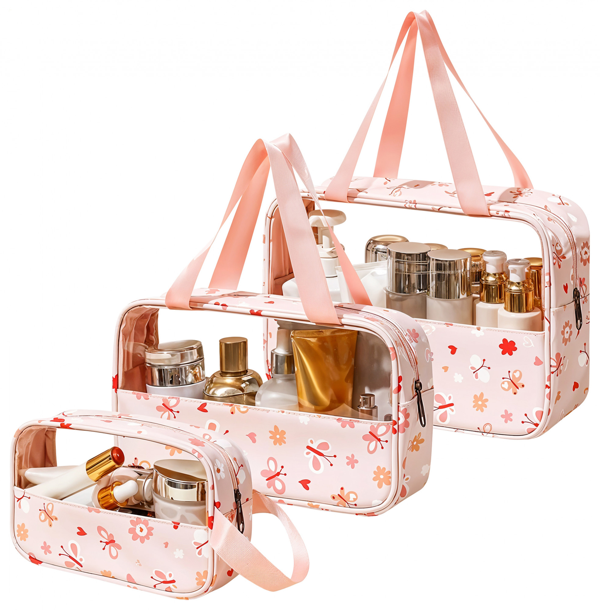 Kuber Industries Set of 3 Waterproof Travel Toiletry Pouch for Women  Space-Saving Skincare  Cosmetic Bag  Aesthetic Vanity Kit  Wash Bag for Girls  YJ-22-PNK  Flower Print - Pink