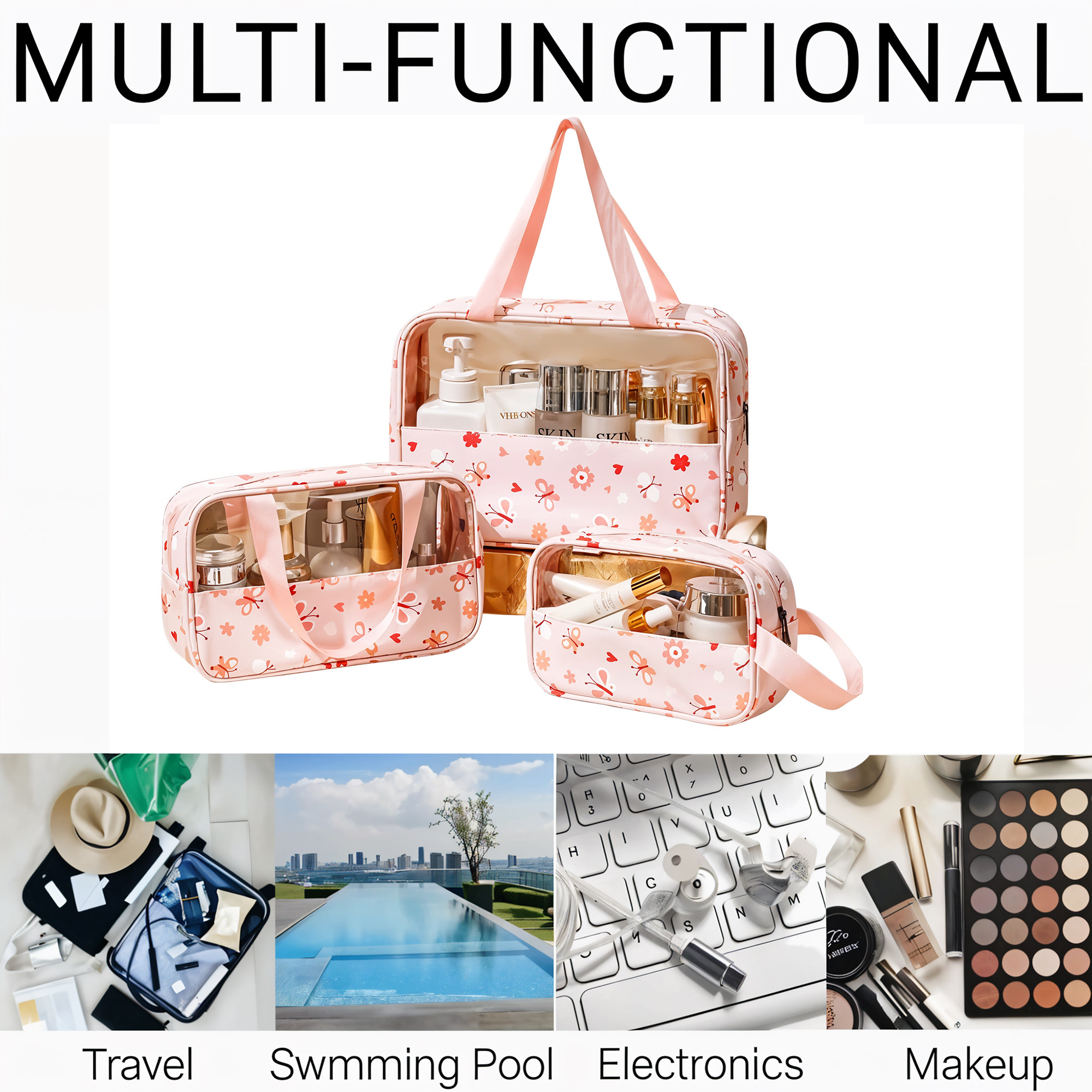 Kuber Industries Set of 3 Waterproof Travel Toiletry Pouch for Women  Space-Saving Skincare  Cosmetic Bag  Aesthetic Vanity Kit  Wash Bag for Girls  YJ-22-PNK  Flower Print - Pink