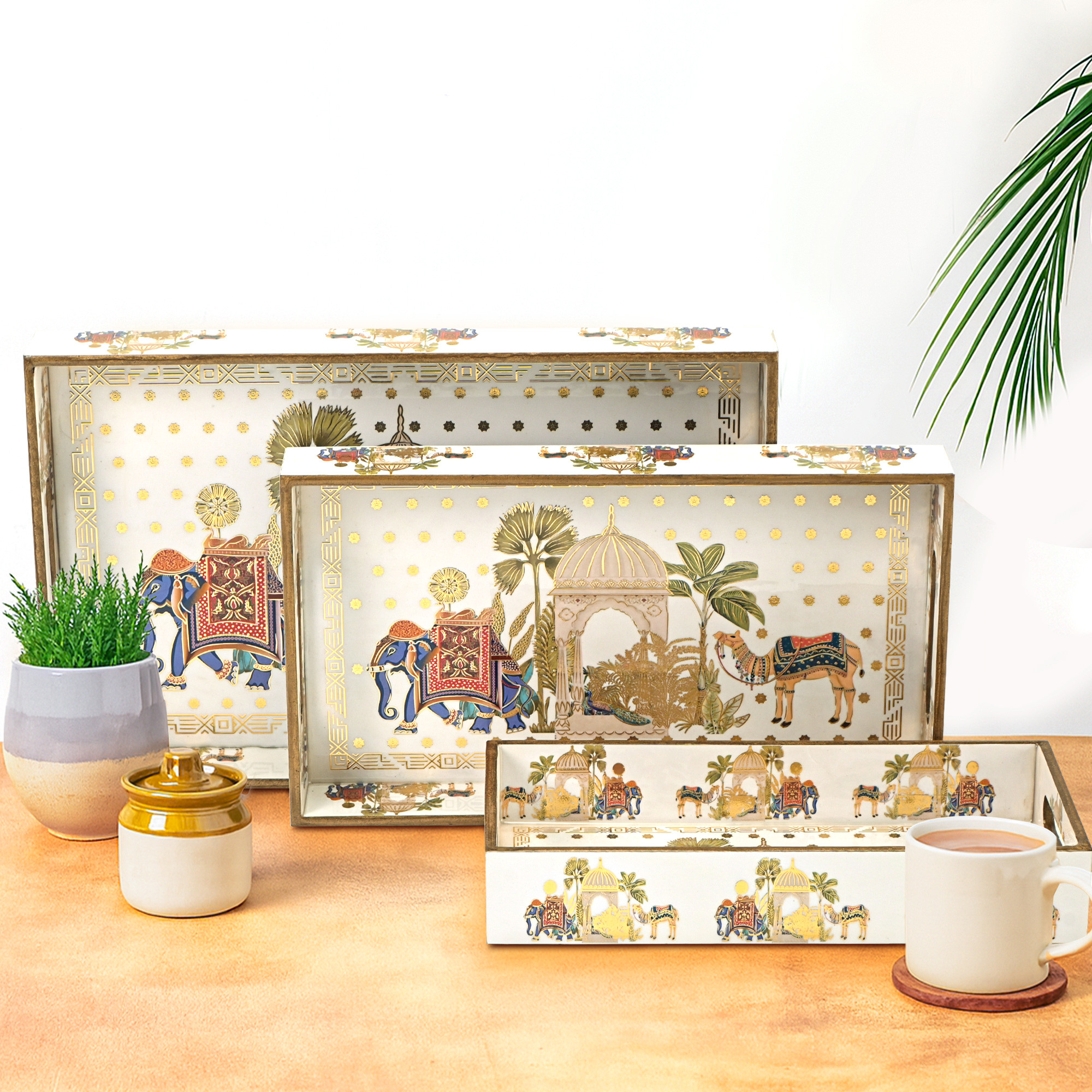 Kuber Industries Set of 3 Wooden Modern Style Serving Trays  Enamel Coated Waterproof Decorative Platter  Ideal for Serve Snacks Dry fruits Chocolates  Sweets  Large Medium And Small  White