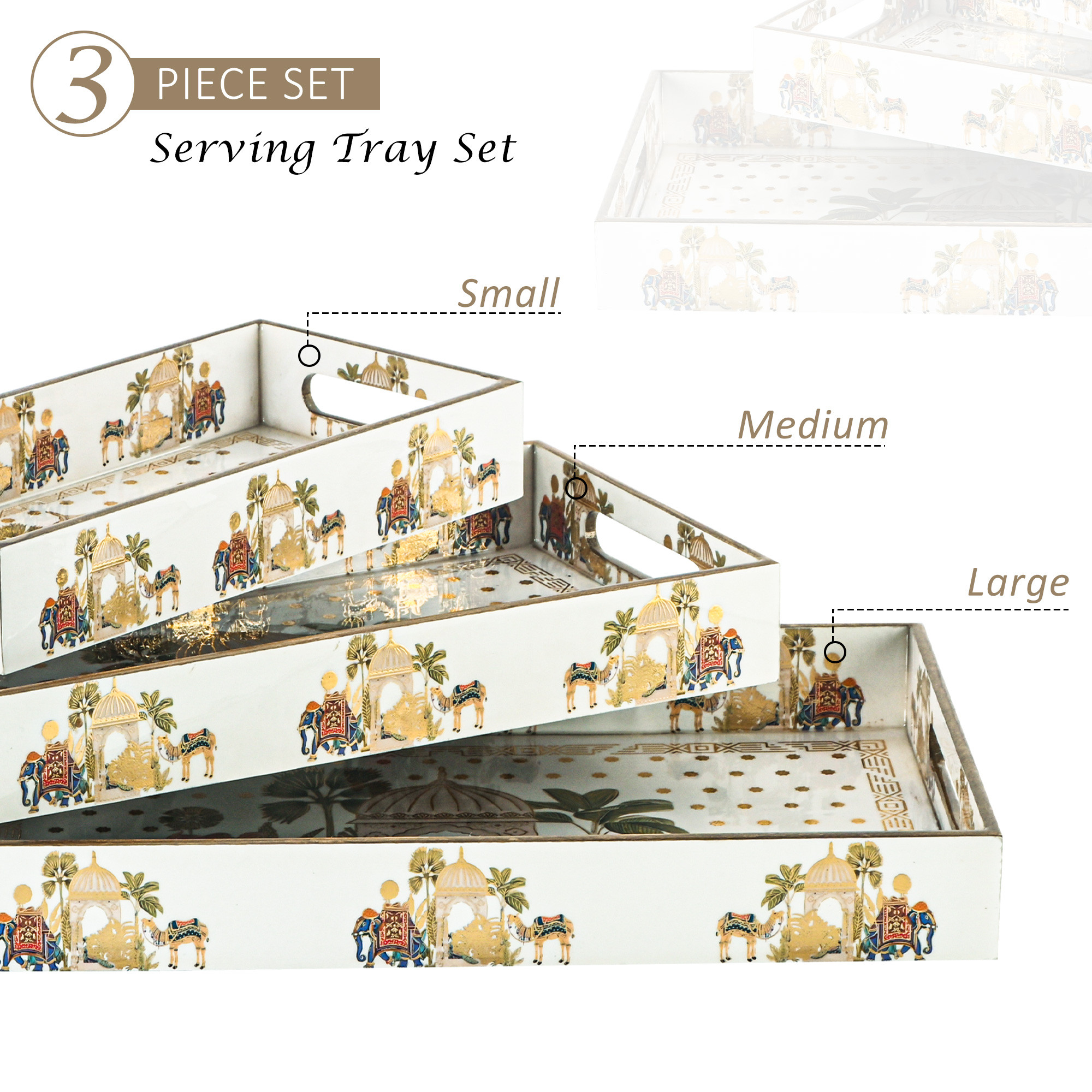 Kuber Industries Set of 3 Wooden Modern Style Serving Trays  Enamel Coated Waterproof Decorative Platter  Ideal for Serve Snacks Dry fruits Chocolates  Sweets  Large Medium And Small  White