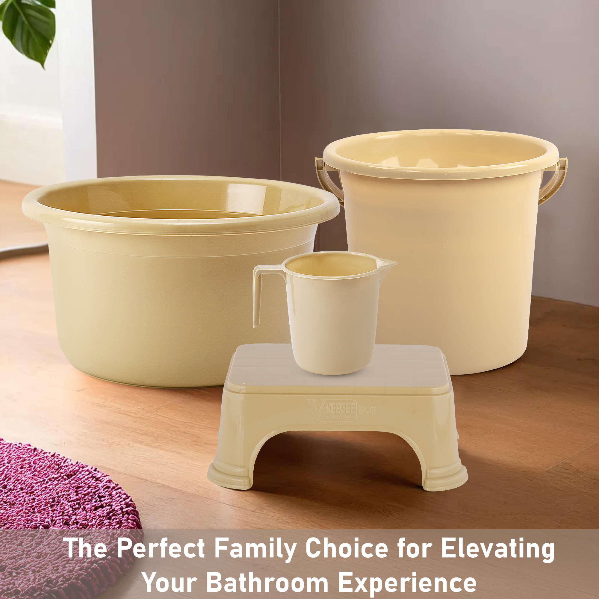 Kuber Industries Set of 4 Bathroom Combo Set  Bathing Set  Bathware Set  Tub-Bucket-Mug  Stool Combo Set for Bathroom  Modern Bathroom Accessories Set  Beige