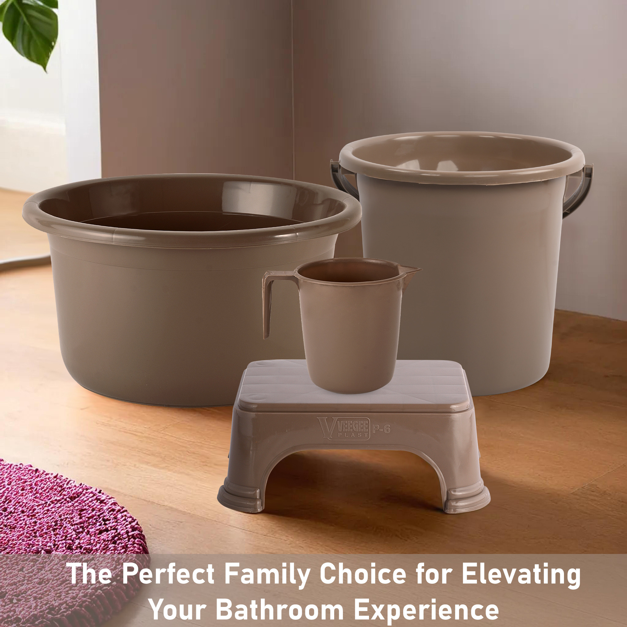 Kuber Industries Set of 4 Bathroom Combo Set  Bathing Set  Bathware Set  Tub-Bucket-Mug  Stool Combo Set for Bathroom  Modern Bathroom Accessories Set  Brown